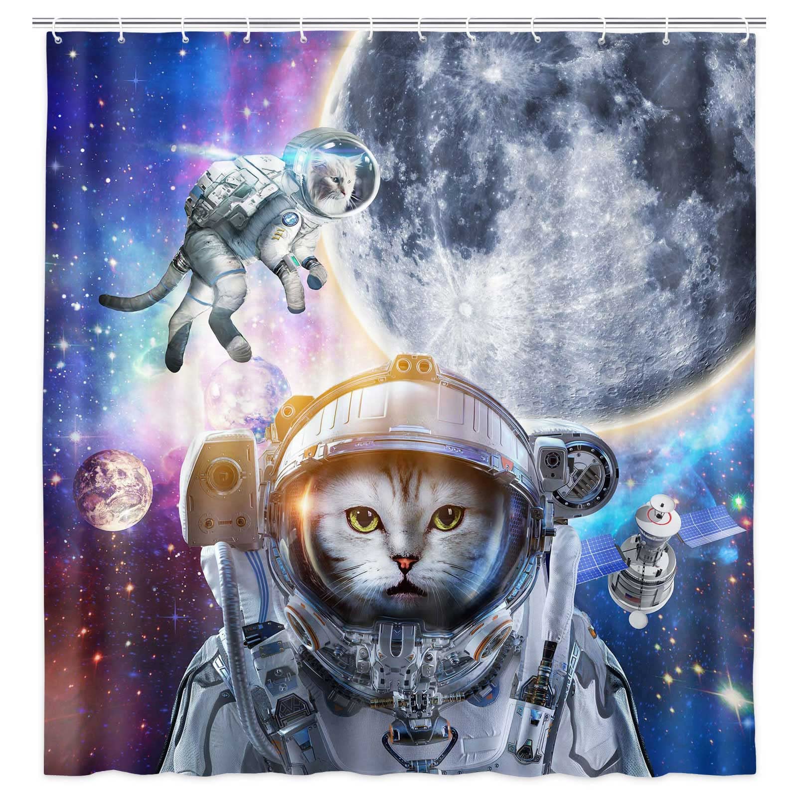 Space Cat Shower Curtain - Astronaut Cats in Galaxy Stars Design, Supernova Print Fabric Bathroom Decor with Hooks, 60x70 Inches for Kids & Adults - Perfect for Themed Bathrooms & Space Lovers
