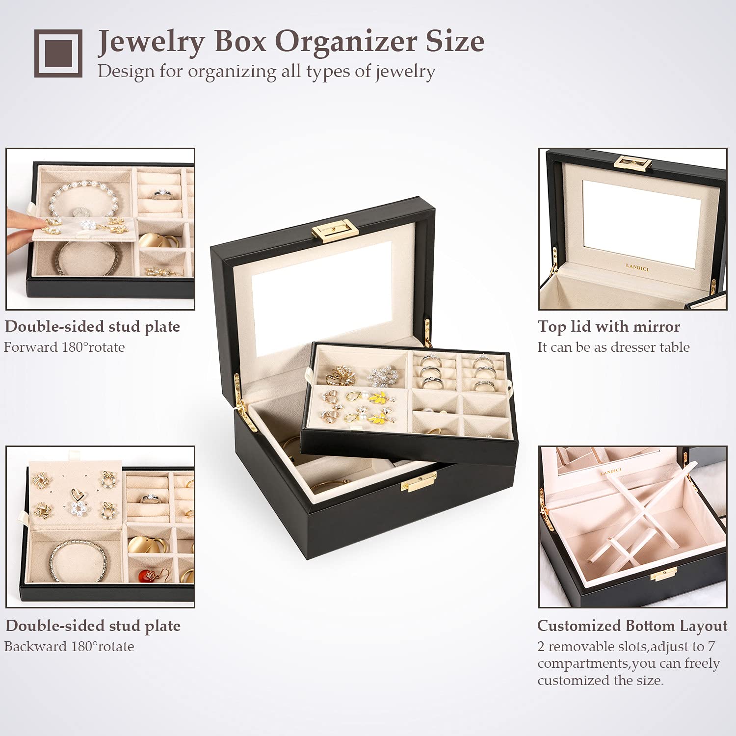 LANDICI Jewelry Organizer Box for Women & Teens - Large Leather Jewelry Storage Case with Mirror, 2-Layer Removable Stackable Trays - Perfect for Rings, Necklaces, Earrings & Bracelets - Ideal for Travel, Home Decor & Gift Giving (Black)