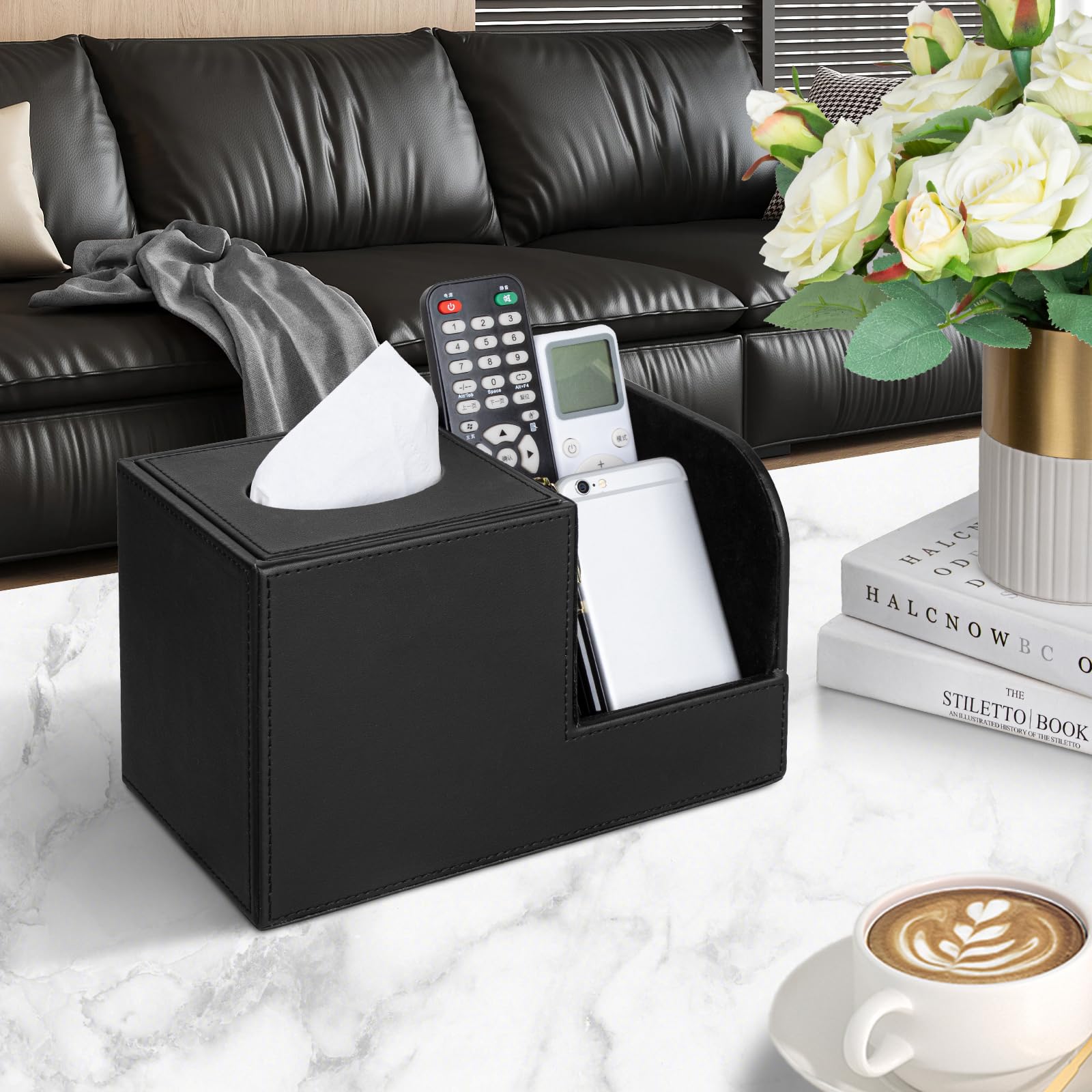 Premium PU Leather Square Tissue Box Cover with Organizer - 2 Compartment Remote Control Holder for Living Room & Bedroom (Black) | Stylish Home Decor & Practical Storage Solution