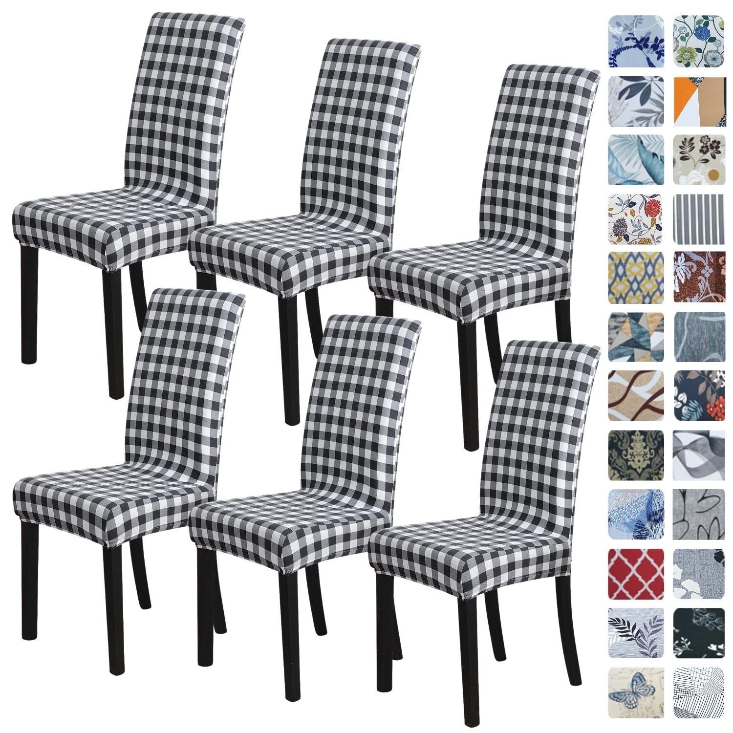 SPRINGRICO 6-Pack Stretch Dining Chair Covers - Spandex Kitchen Parsons Chair Slipcovers in Buffalo Check Black & White Pattern (Set of 6) - Perfect for Home Dining Room, Restaurant, and Wedding Decor