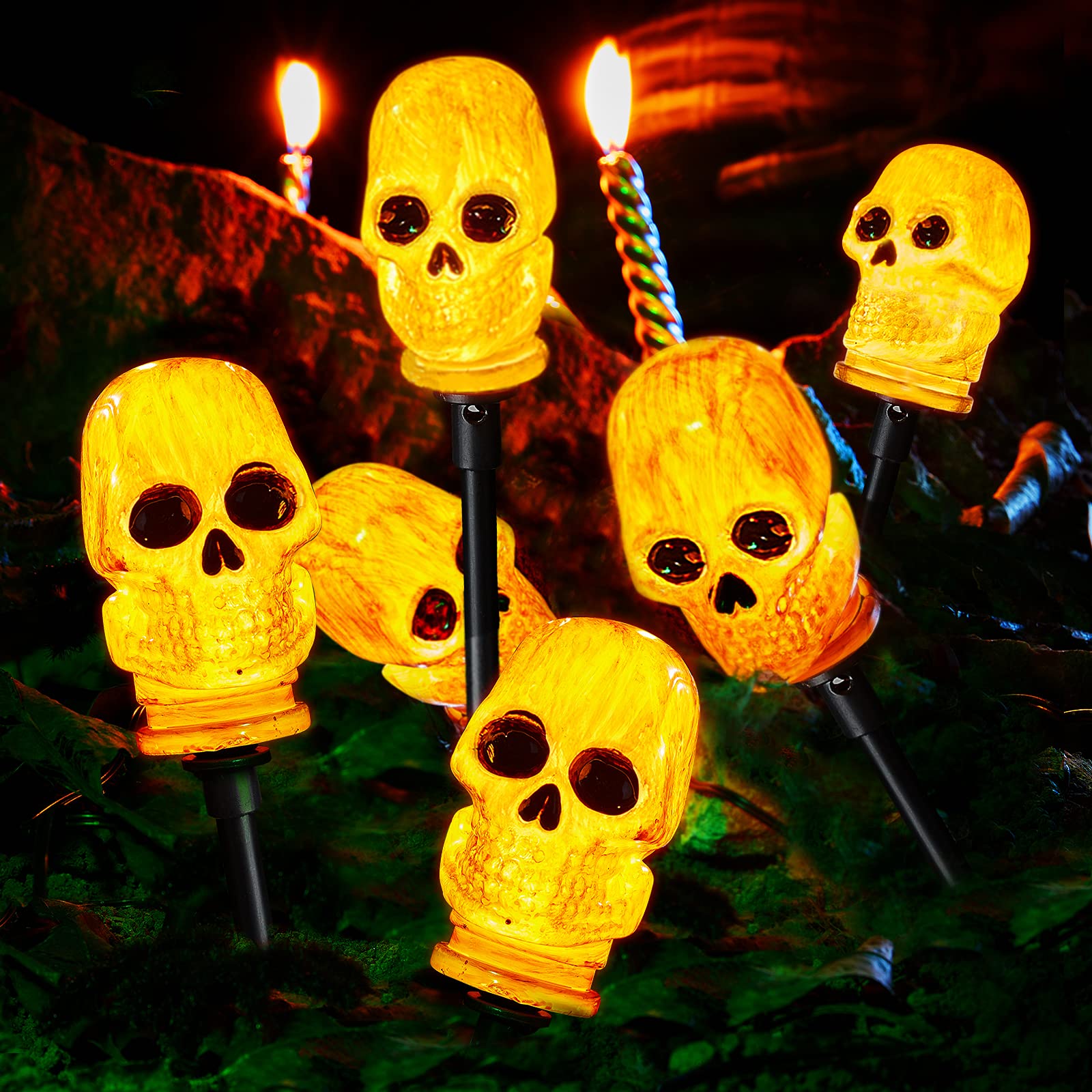 Upgraded 4 Pack 3D Skeleton Skull Halloween Pathway Lights with Timer - Waterproof Battery Operated Outdoor Decor for Garden, Patio, Yard - Perfect for Halloween Party, Trick or Treat, Spooky Home Décor