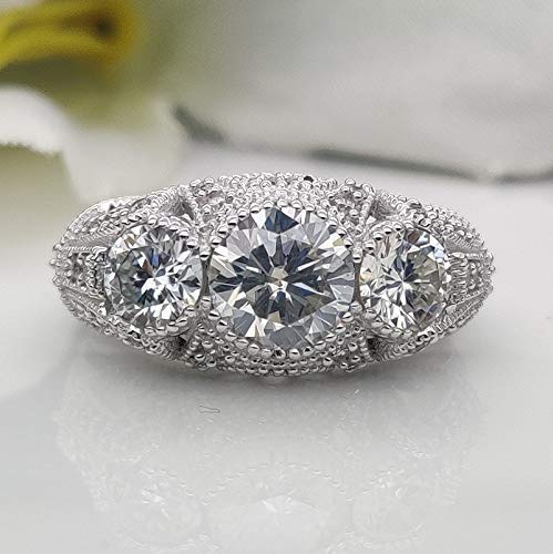 Vintage White Gold Plated 3 Stone Moissanite Engagement Ring - Antique Filigree Milgrain Design with Colorless Center Stone, Art Deco Inspired Signet Ring for Wedding, Proposal & Anniversary Gifts