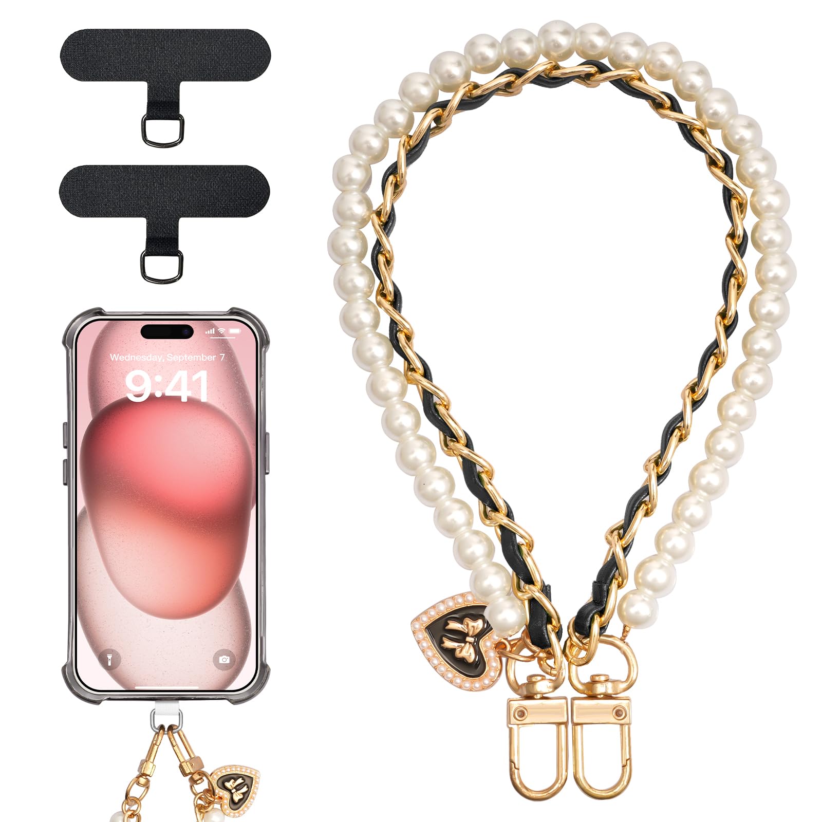 TiMOVO Beaded Pearls Phone Lanyard Wrist Strap - Detachable Phone Wristlet with Tether Tab - Hands-Free Phone Charm Bracelet for Women (Gold, Black, White) - Perfect for Shopping, Travel & Everyday Use