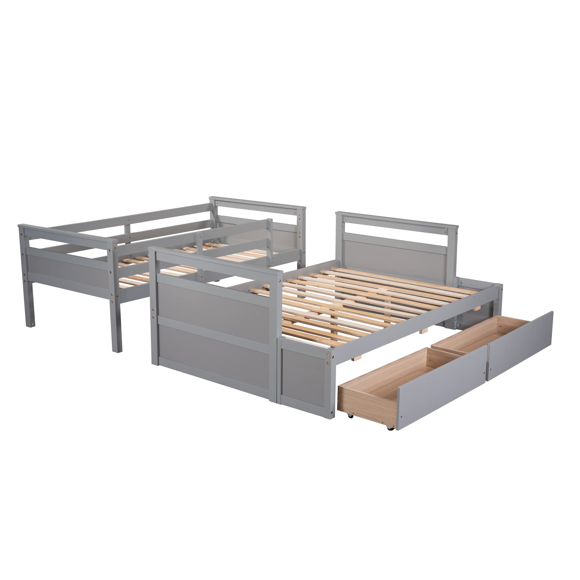 Twin Over Full Bunk Bed with Storage Drawers | Wooden Bunk Bed Frame with Safety Guardrail & Ladder | Convertible to 2 Separate Beds for Kids, Teens & Adults | Space-Saving Solution for Small Bedrooms, Guest Rooms & Vacation Homes (Twin/Full, Grey)