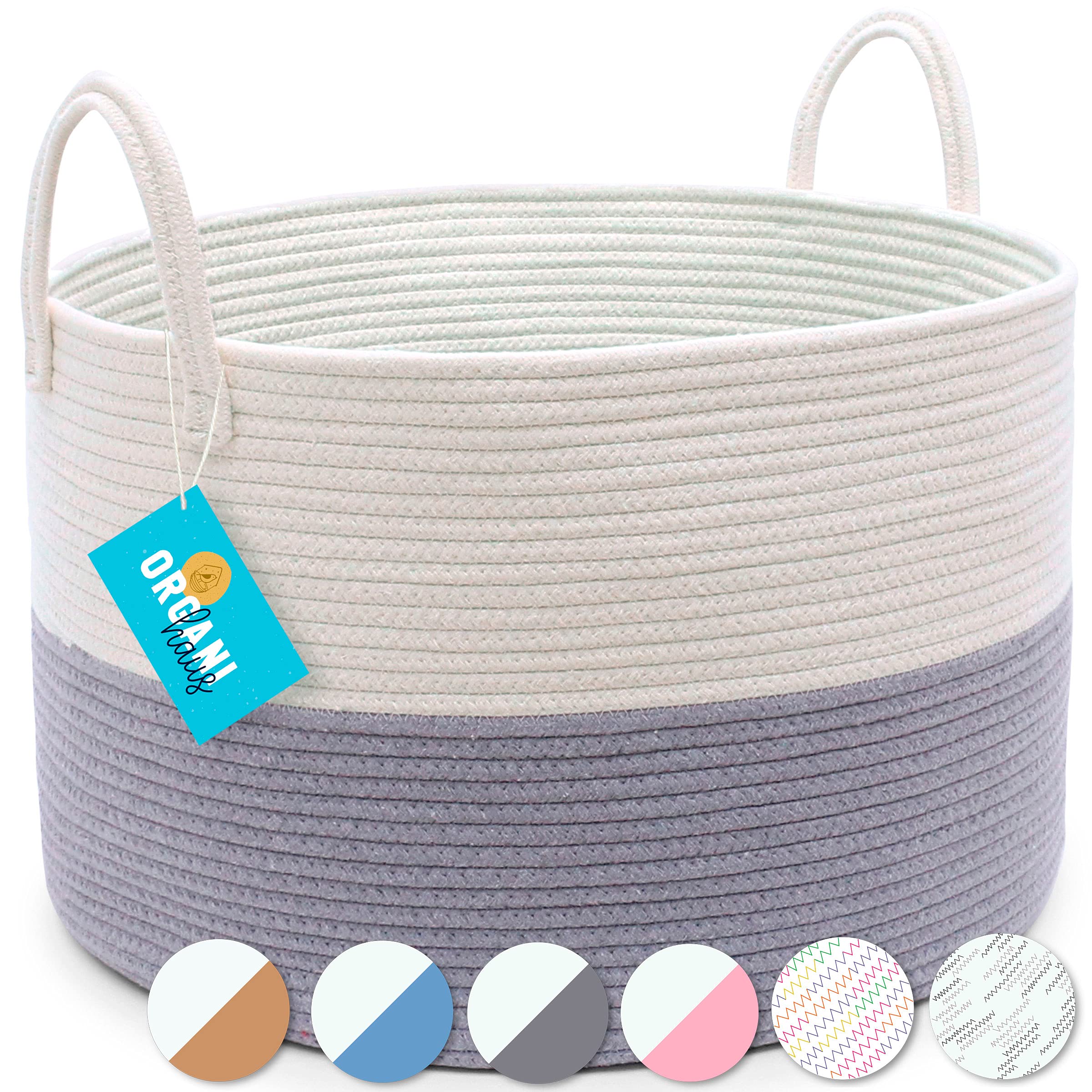 OrganiHaus Gray and White 20x13 Woven Cotton Rope Storage Basket - Nursery Hamper, Laundry Basket, Blanket Organizer for Living Room, Boho Toy Storage - Perfect for Baby Room, Poolside Towels & Home Decor