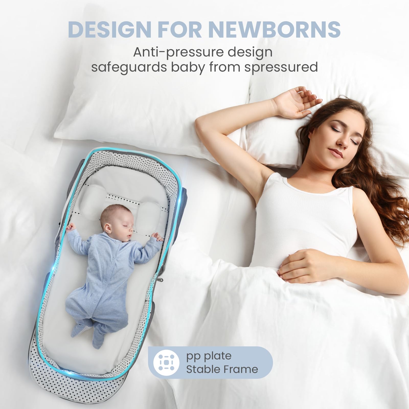 Portable Baby Travel Bassinet with Carry Bag - Anti-Pressure Co-Sleeper Infant Travel Crib, Breathable Mesh & Mosquito Net with Canopy - Perfect for Newborns 2-12 Months | Ideal for Home, Travel, Camping & Outdoor Adventures