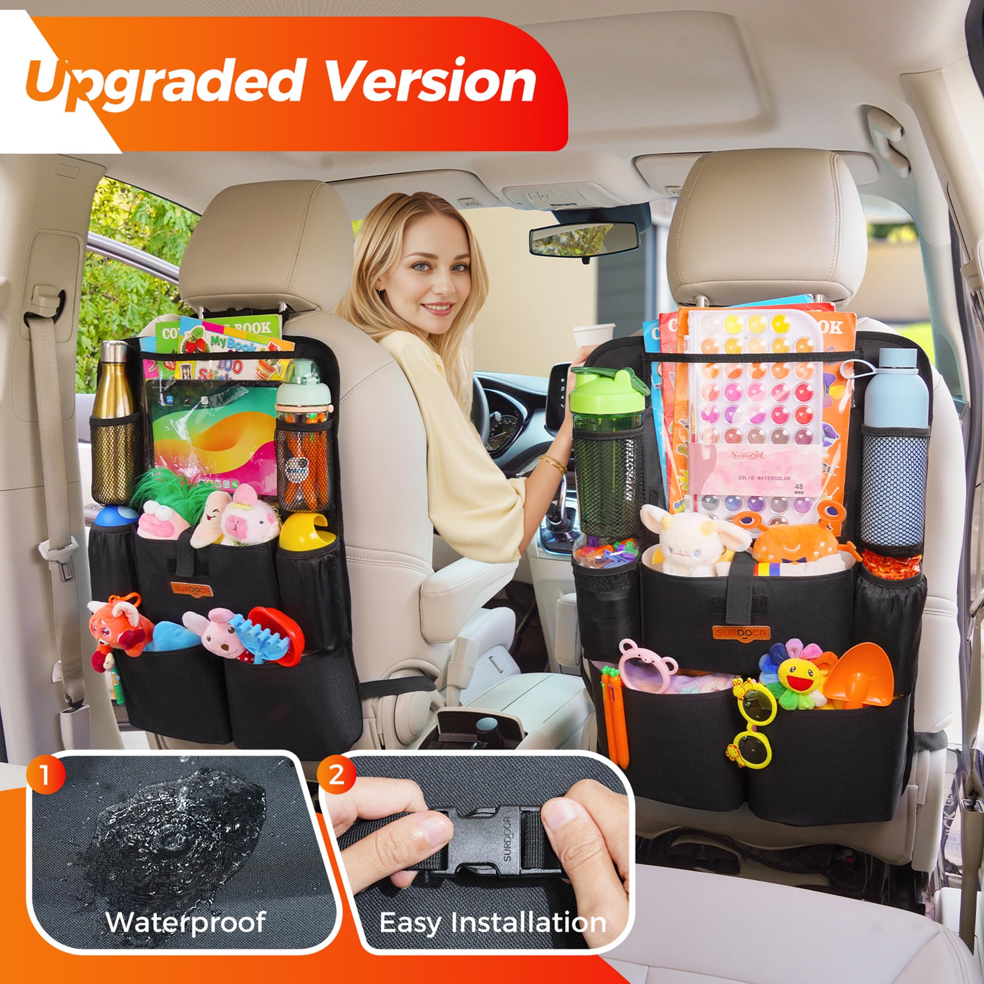 SURDOCA Upgraded Car Organizer with 11-inch Tablet Holder, 8-Pocket Backseat Storage, Car Seat Protector for Kids, Perfect for Road Trips and Family Travel