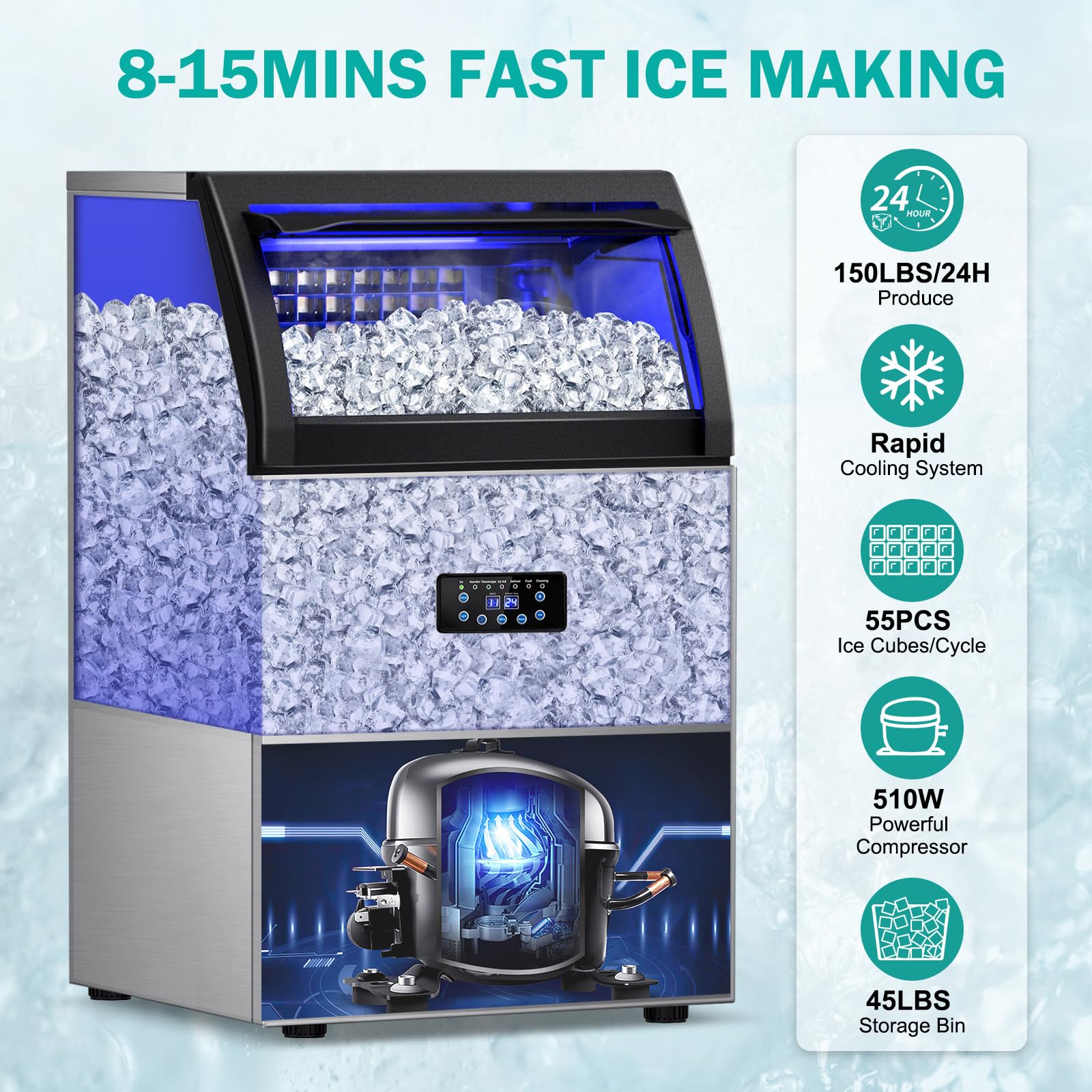 Commercial Ice Maker Machine 150lbs/24H with 45Lbs Storage Bin - Fast 8-Minute Ice Production, Freestanding Countertop Ice Machine for Home, Bar, Office, Restaurant - Perfect for Cocktails, Beverages & Food Preservation