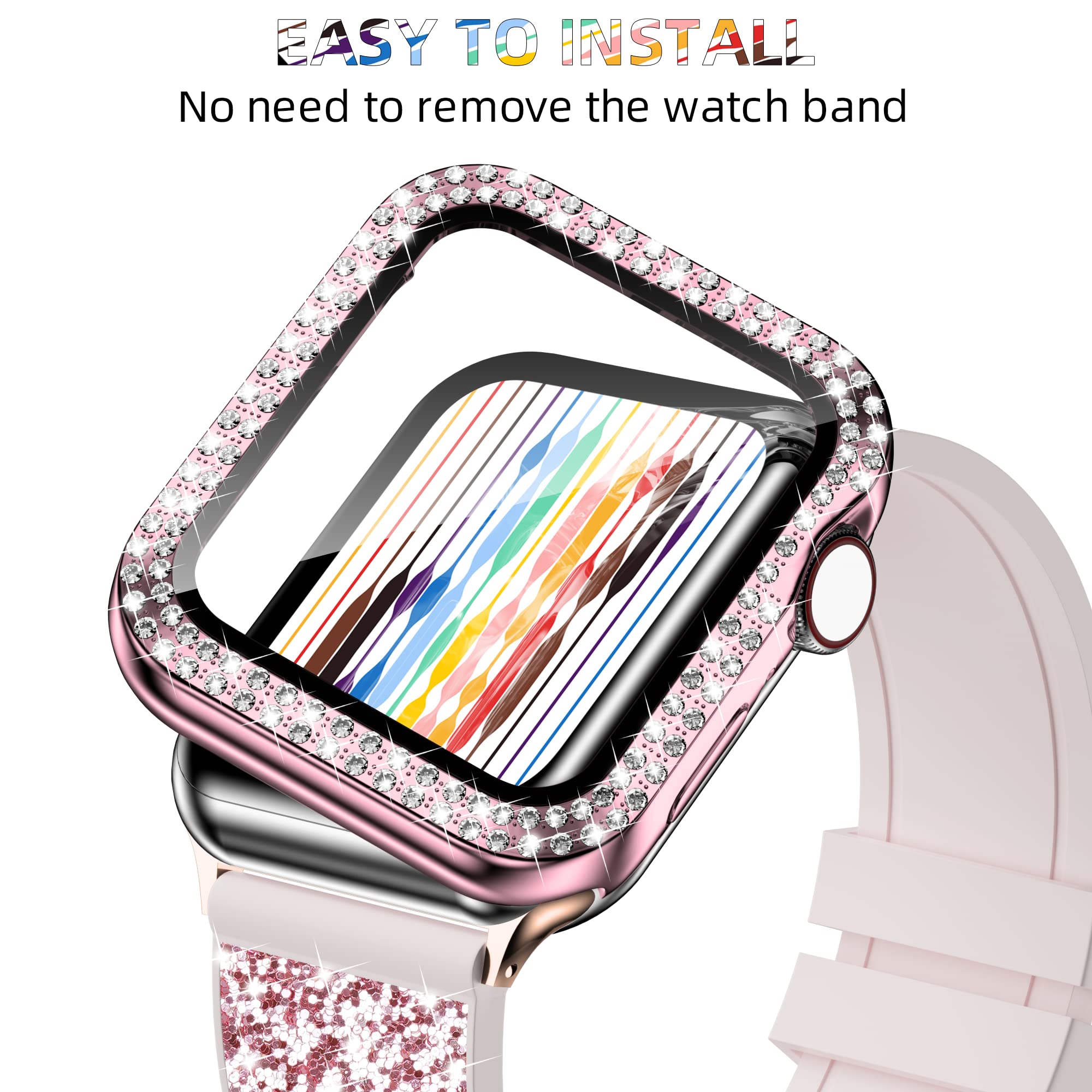 Sparkly Rhinestone Apple Watch Band with Protective Case - Compatible with iWatch Series 9/8/7/6/5/4/3/2/1 & SE (45/44/42/41/40/38mm) - Fashion Glitter Silicone Strap for Women - Perfect for Workouts, Parties & Everyday Wear