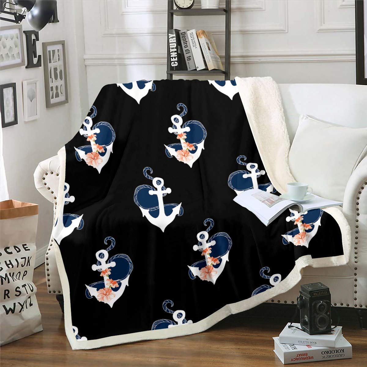 Feelyou Nautical Anchor Fleece Sherpa Blanket - Blue Ocean Themed Soft Fuzzy Throw Blanket for Couch, Sofa & Bed - 30x40 Inch Floral Pattern Plush Blanket for Adults & Kids - Perfect for Living Room Decor, Baby Nursery & Coastal Home Decor
