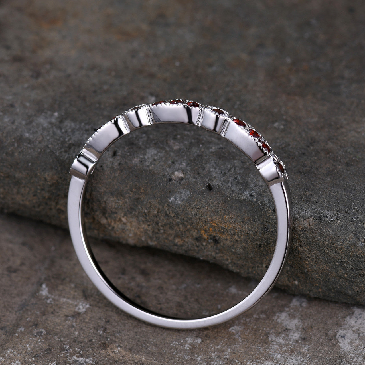 White Gold Garnet Wedding Band - Half Eternity Stackable Ring for Women | Perfect for Bridal Sets, Anniversary Gifts & Everyday Elegant Jewelry