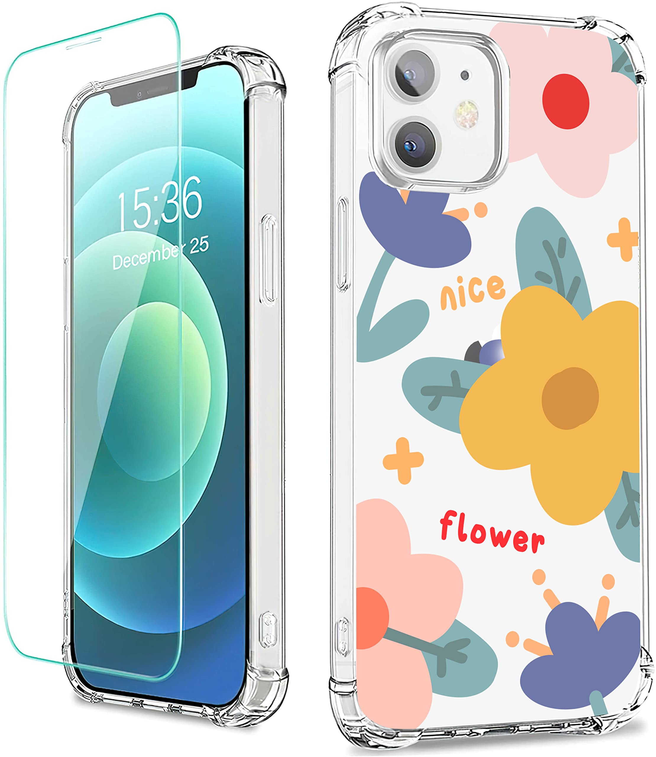 iPhone 12 & 12 Pro Case with Screen Protector - Clear Floral Design, Soft TPU Shockproof Cover for Women & Girls | Perfect for Everyday Protection & Style