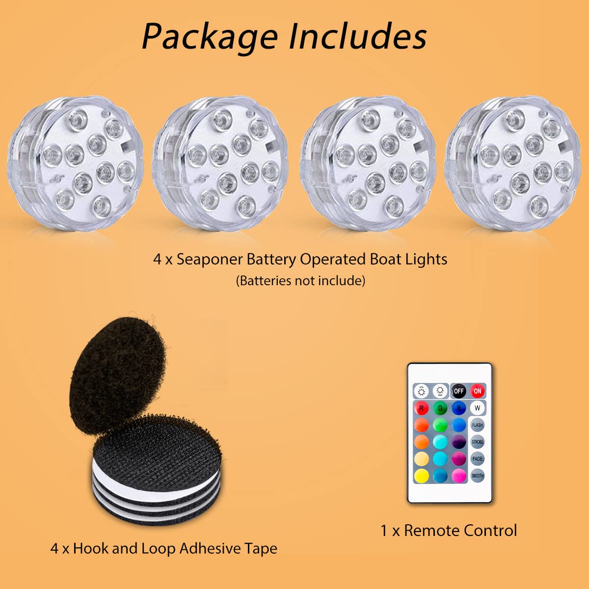Wireless Battery Operated Marine LED Boat Lights - Waterproof RGB Multi-Color Deck Lights with Remote Control (4 Pack) - Perfect for Fishing Kayaks, Duck Boats, Jon Boats & Bass Boats Interior Lighting