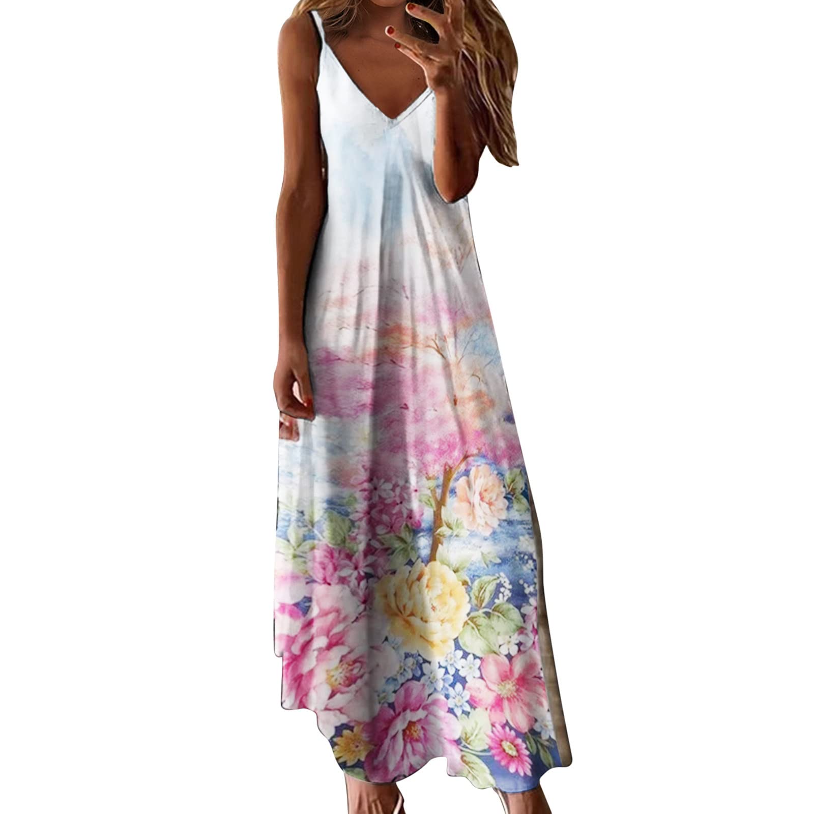 LLUO Women's Summer Floral Print Sleeveless Sun Dress - Lightweight Swing Long Loose Casual Vacation Dress for Beach, Party & Outdoor Activities