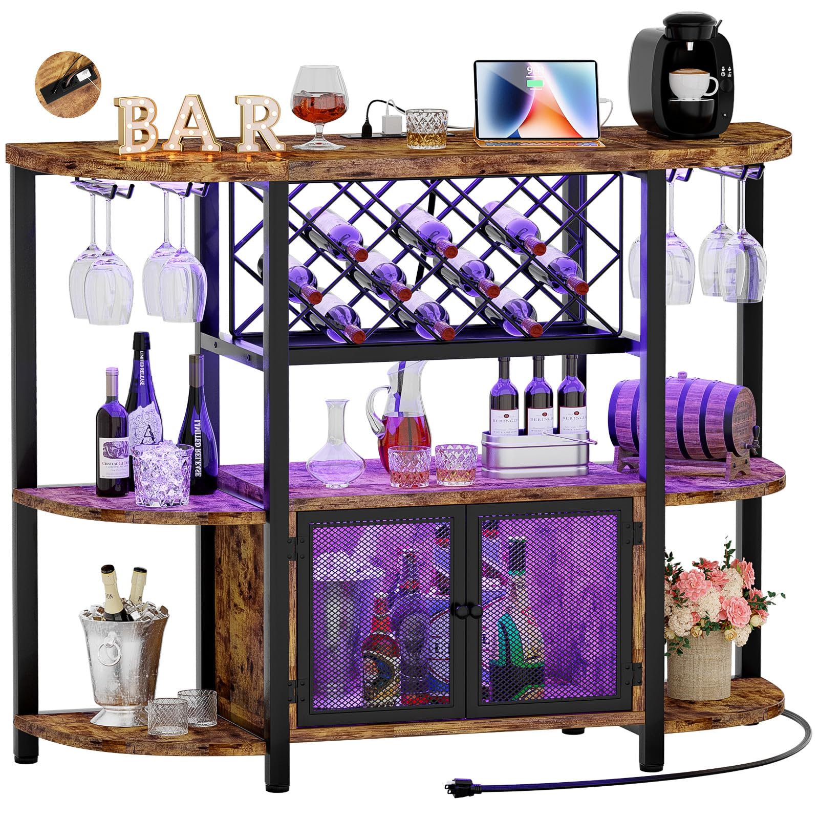 Industrial Wine Bar Cabinet with LED Lights & Power Outlets - Freestanding Coffee Liquor Cabinet with Glass Storage - Rustic Brown Farmhouse Kitchen/Dining Bar Cabinet - Perfect for Home Entertaining & Wine Display