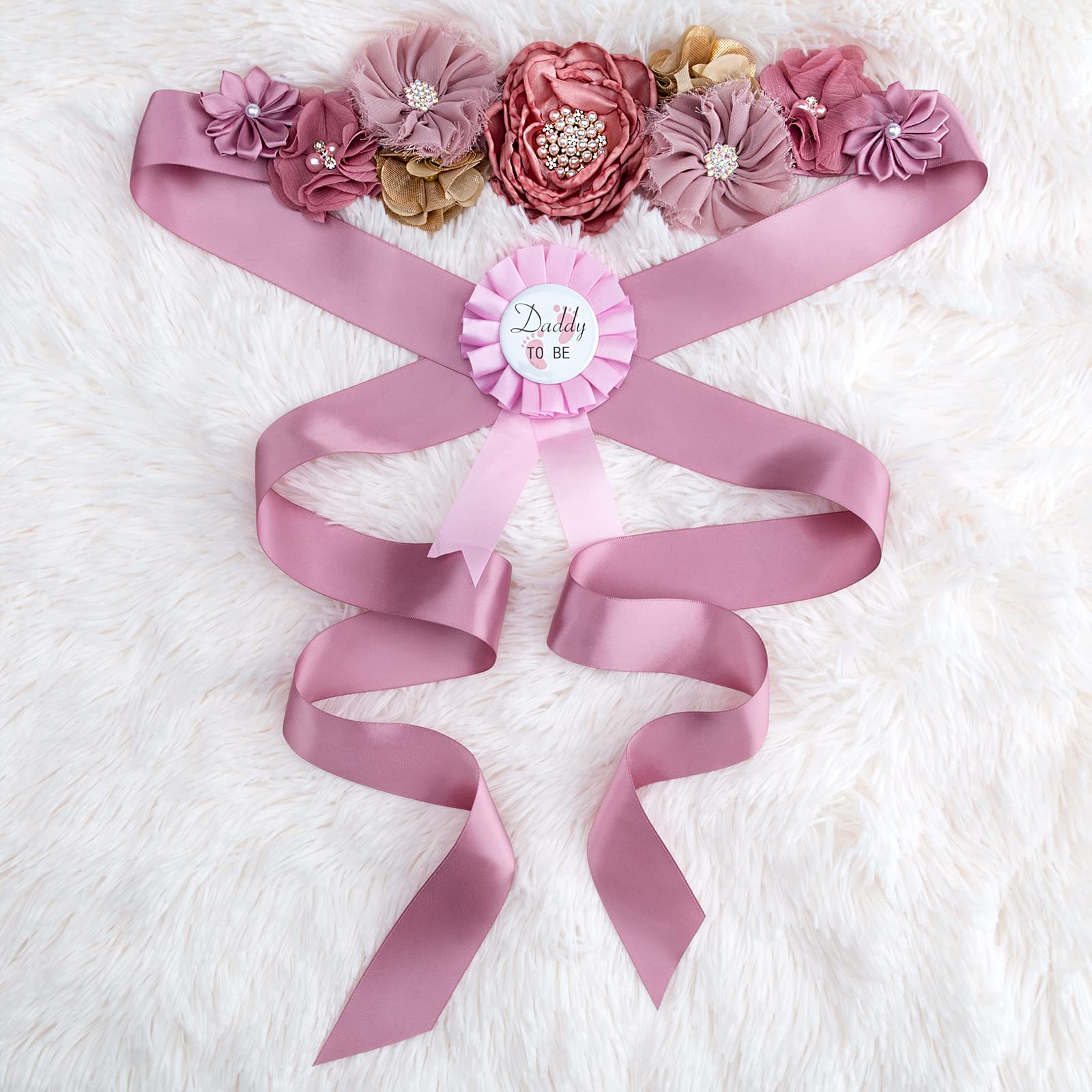 Mom to Be Sash & Corsage Pin Set - Baby Shower Decorations for Mommy & Daddy - Maternity Dress Flower Belt & Pregnancy Photo Props - Gender Reveal Party Supplies - Perfect for Baby Showers, Maternity Photoshoots & Gender Reveal Parties
