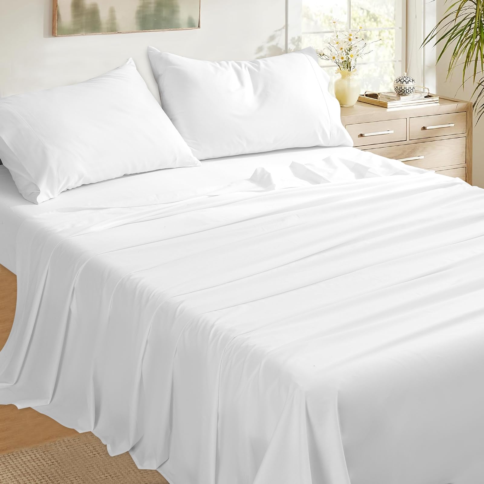 Premium 100% Egyptian Cotton Sheets Queen Size - 400 Thread Count Cooling Bed Sheets for Hot Sleepers - Breathable Soft Silky Sateen Weave Luxury Bedding Set with 16