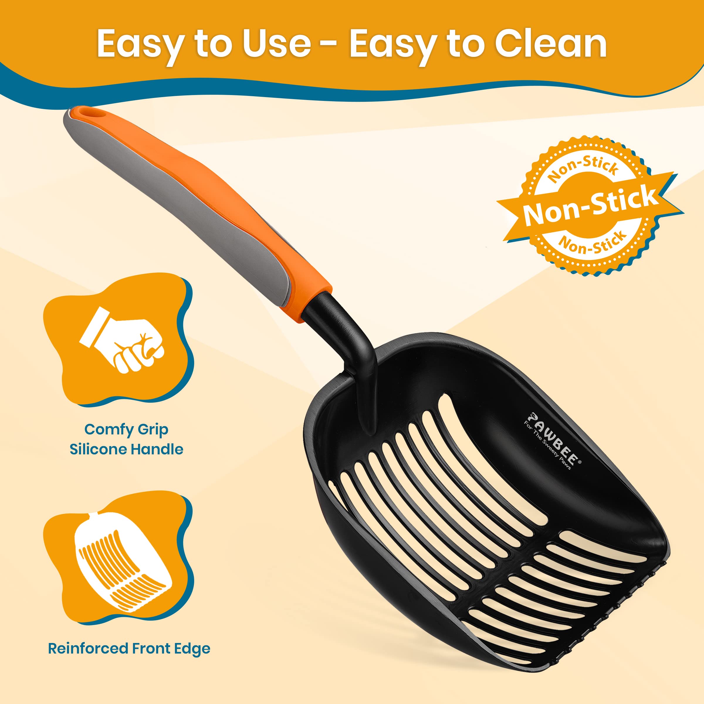 PAWBEE Metal Cat Litter Scoop with Holder - Premium Non-Stick Stainless Steel Litter Scooper for Cats - Deep Shovel Design with Long Non-Slip Handle - Durable Kitty Waste Scoop for Litter Box Cleaning - Perfect for Multi-Cat Homes & Odor Control