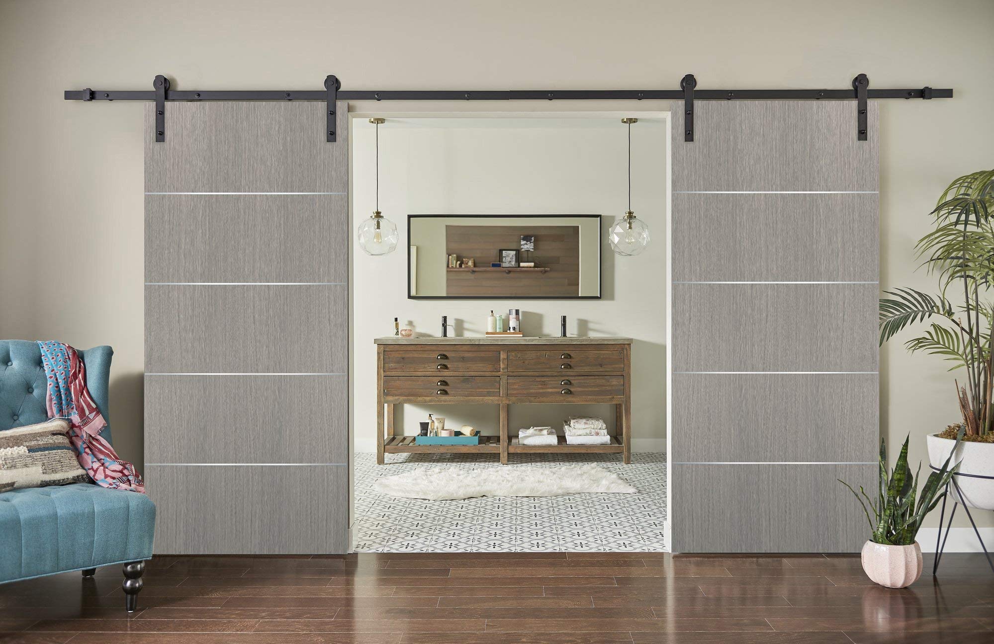 SARTODOORS 36x84 Inch Sliding Double Barn Doors with Hardware Kit - Modern Grey Oak Solid Panel Interior Door for Bedroom, Bathroom & Hallway | Top Mount 13FT Rail Hangers Set | Rustic Farmhouse Style Home Decor