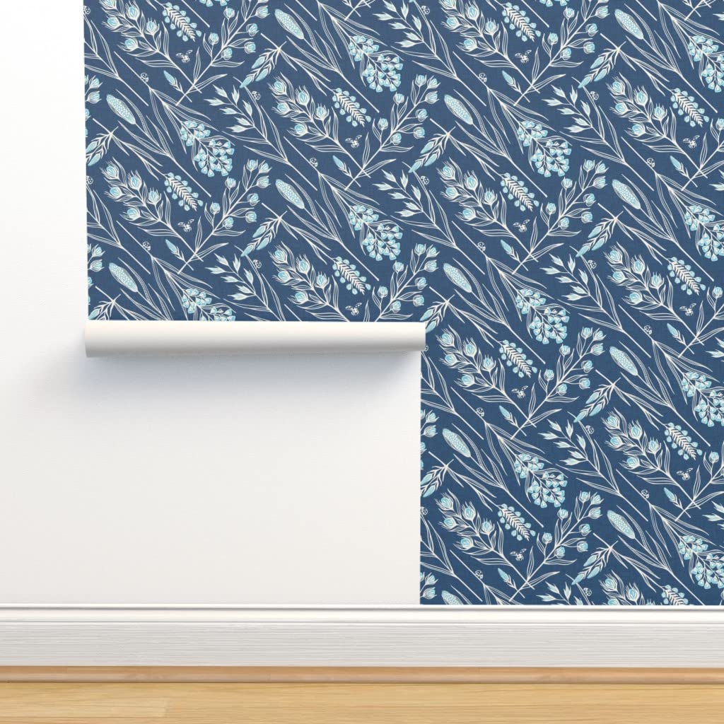 Peel & Stick Wallpaper 12ft x 2ft - Navy Blue Floral Nature Retro Design, Removable Self-Adhesive Wallpaper for Bedroom, Living Room, Nursery & Office Decor