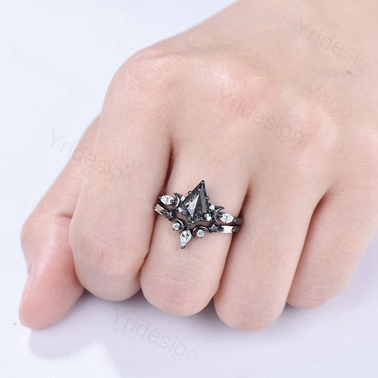 Black Gold Kite Cut Alexandrite Engagement Ring Set | Crescent Moon Star Color Change June Birthstone Ring | Unique Gothic Bridal Ring Set for Women | Perfect for Weddings, Anniversaries & Special Occasions