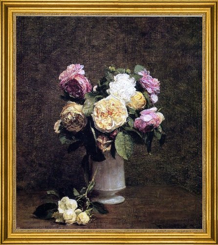 Henri Fantin-Latour Roses in White Porcelain Vase - 16x20 Inch Premium Framed Canvas Art Print - Elegant Home Decor for Living Room, Bedroom & Office Wall