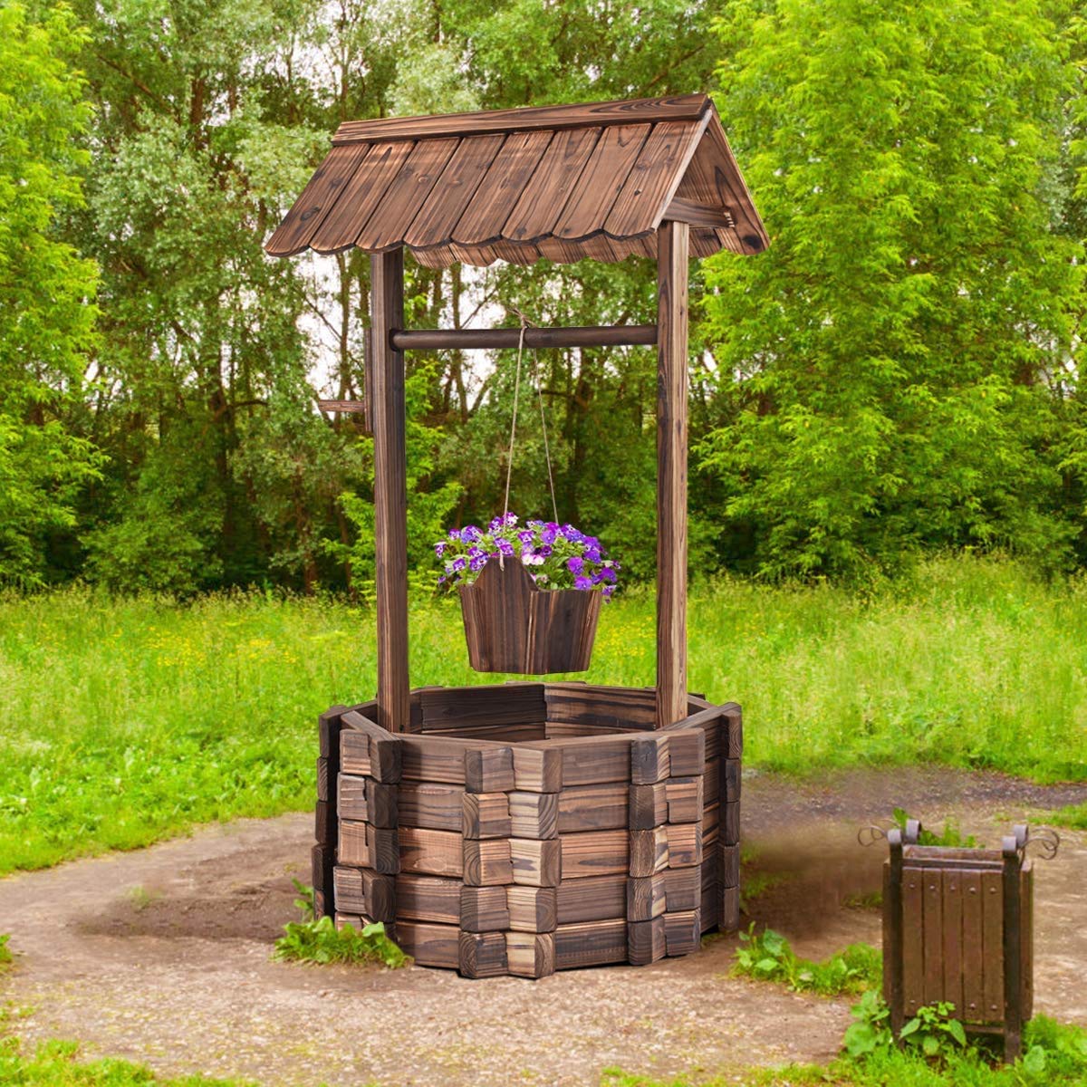 ReunionG Outdoor Wooden Wishing Well Planter with Hanging Flower Bucket - Rustic Garden Decor for Patio, Yard & Home - Perfect for Flowers, Herbs & Outdoor Decorating