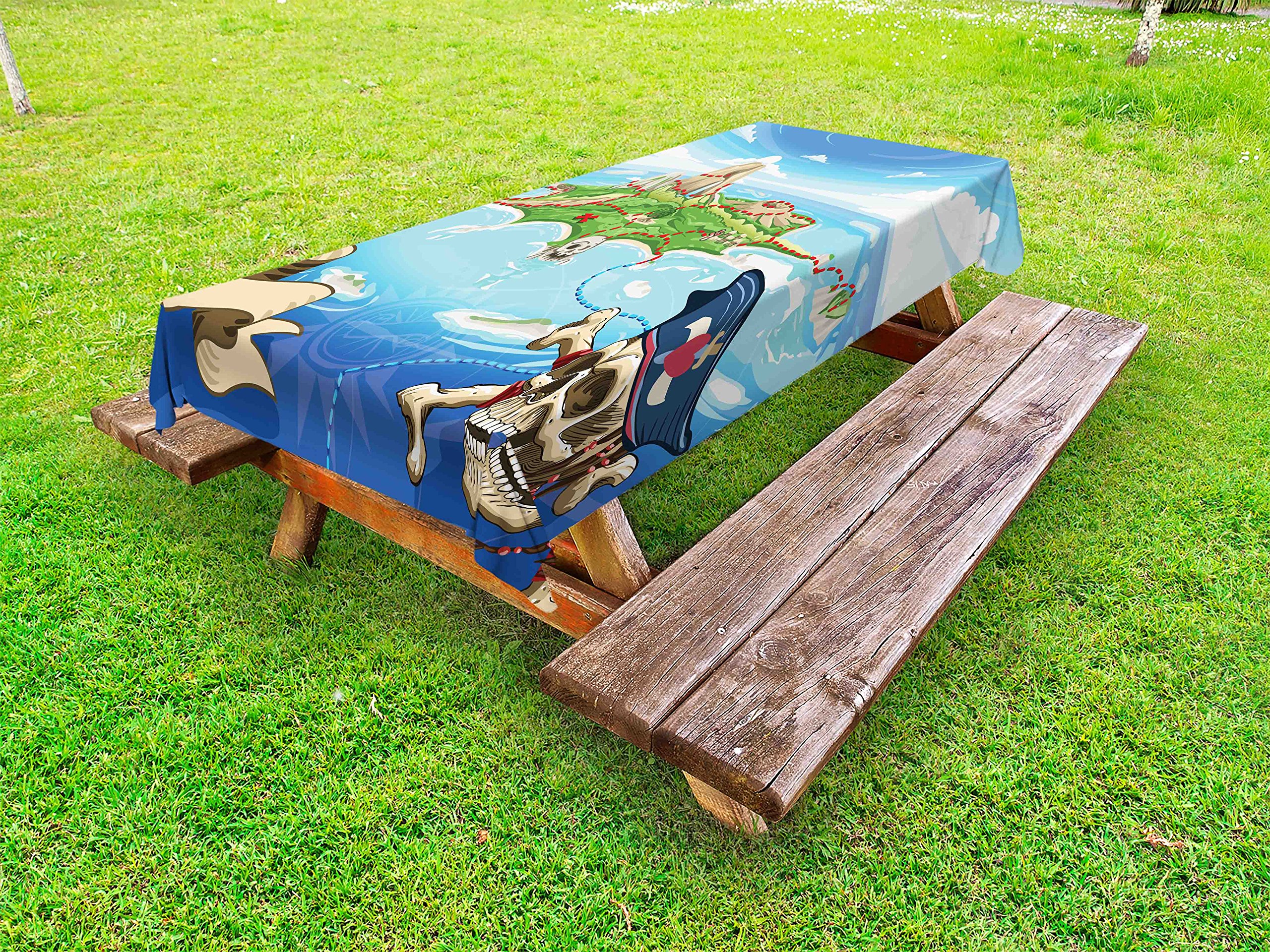 Ambesonne Fantasy Pirate Cove Island Map Tablecloth - Aerial View with Crossbones & Captain Skull - Waterproof Washable Outdoor Picnic Table Cover 58x120 Inches - Perfect for Beach Parties, Backyard BBQs, and Themed Decorations