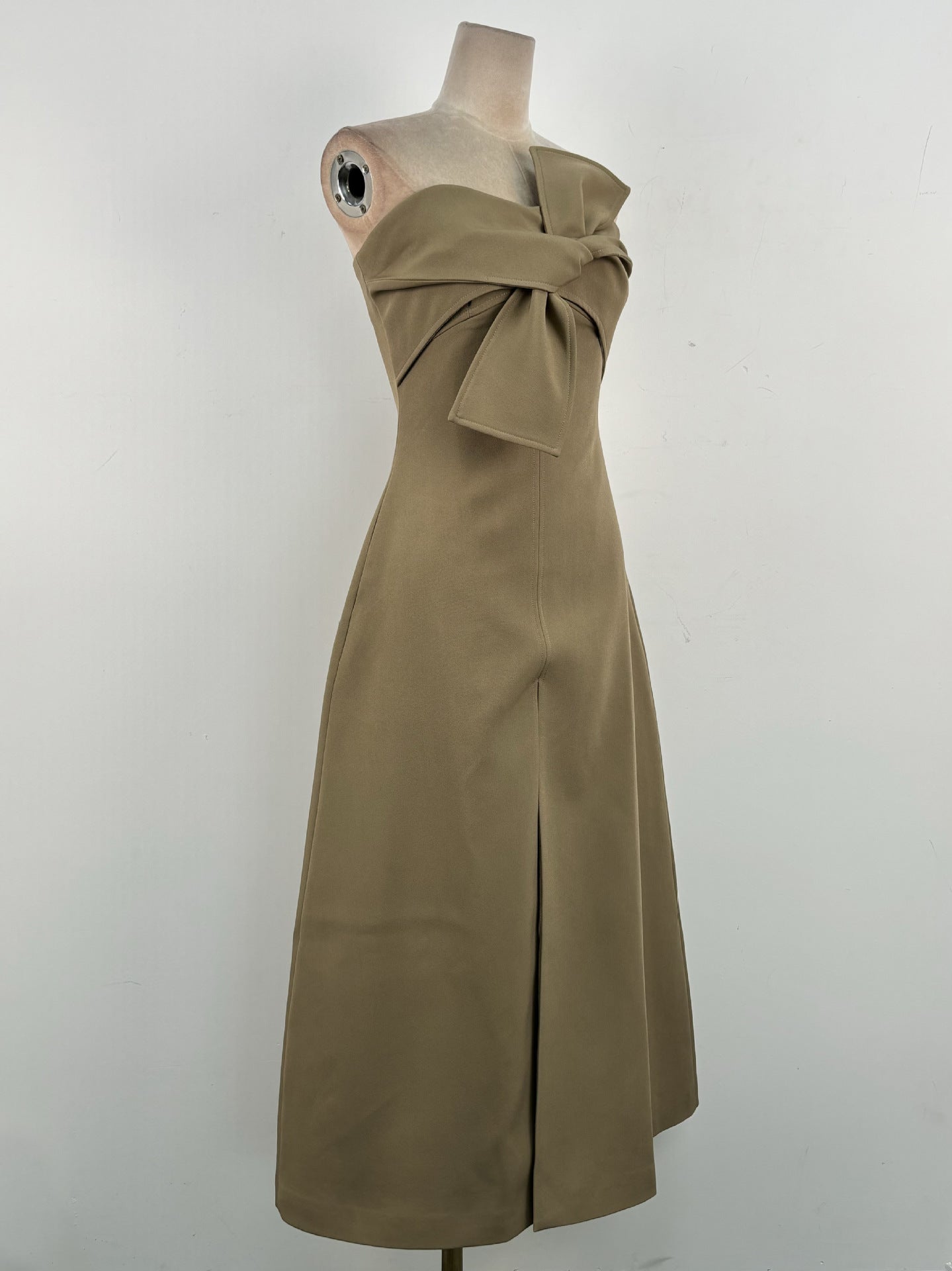 Alberta Bowknot Strapless Slit Midi Dress in Grey Green - Elegant Cocktail Party & Evening Wear for Women