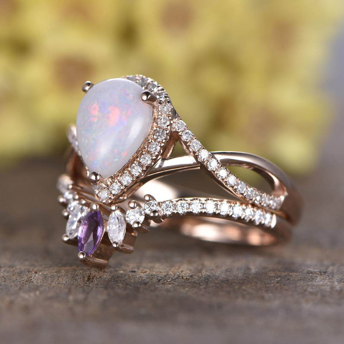 Natural Pear Opal Wedding Ring Set with Marquise Amethyst - Vintage Boho Engagement Ring for Women - Perfect for Bridal Jewelry, Anniversary Gifts & Boho Chic Fashion
