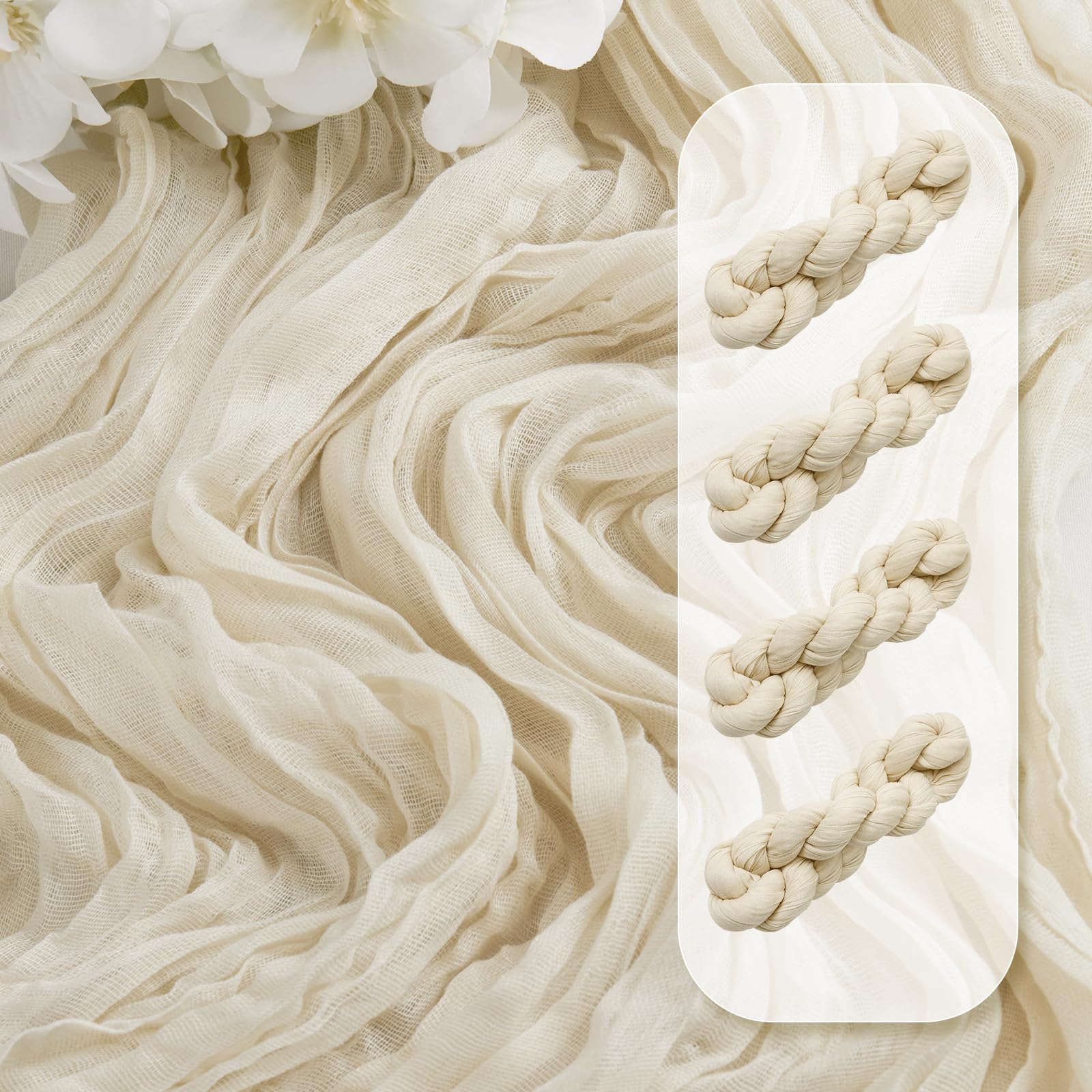 Beige Cheesecloth Table Runner 36x120 Inches - 4 Pack Rustic Gauze Table Swags for Farmhouse Decor, Wedding Centerpieces & Holiday Table Settings