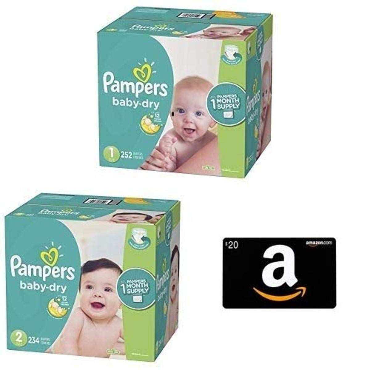 Premium Newborn Diapers Size 1 (8-14 lb) - 252 Count + Size 2 (12-18 lb) - 234 Count with $20 Amazon Gift Card in Madonna & Child Greeting Card - Perfect Baby Shower Gift & Essential New Parent Supplies