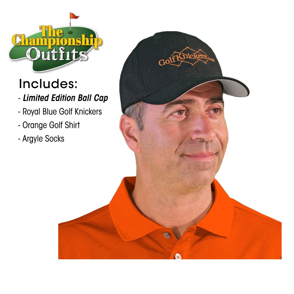 Royal Blue Microfiber Men's Outfit Set - Limited Edition Ball Cap, Over-The-Calf Argyle Socks & Orange Golf Shirt | Perfect for Golfing, Casual Wear & Sports Events