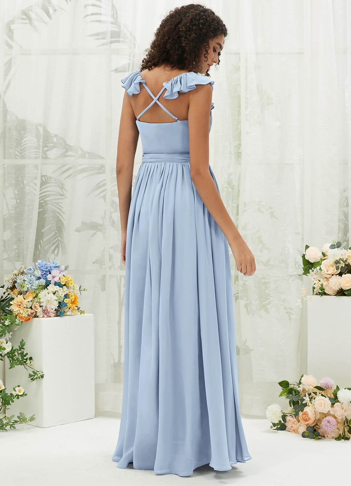 Cornflower Blue Chiffon Bridesmaid Dress with Ruffle Cross Straps & V-Neck Wrap - Perfect for Weddings, Formal Events & Evening Parties