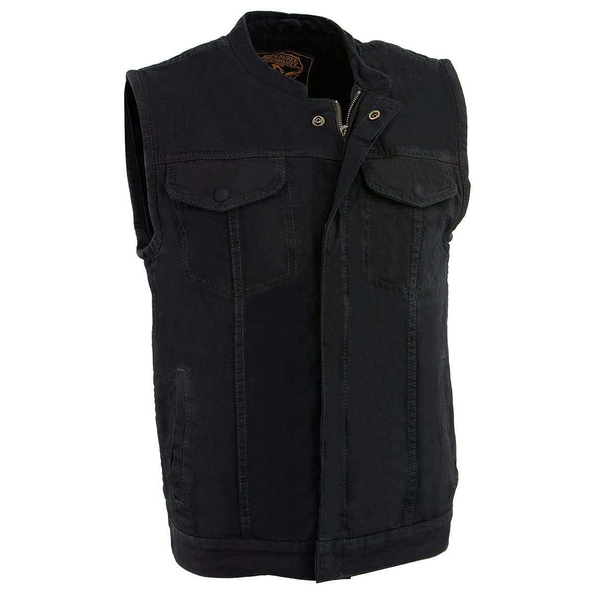 Milwaukee Leather MDM3000 Men's Brute Concealed Snap Black Denim Club Style Vest with Hidden Zipper - Perfect for Motorcycle Riding, Biker Events & Outdoor Adventures