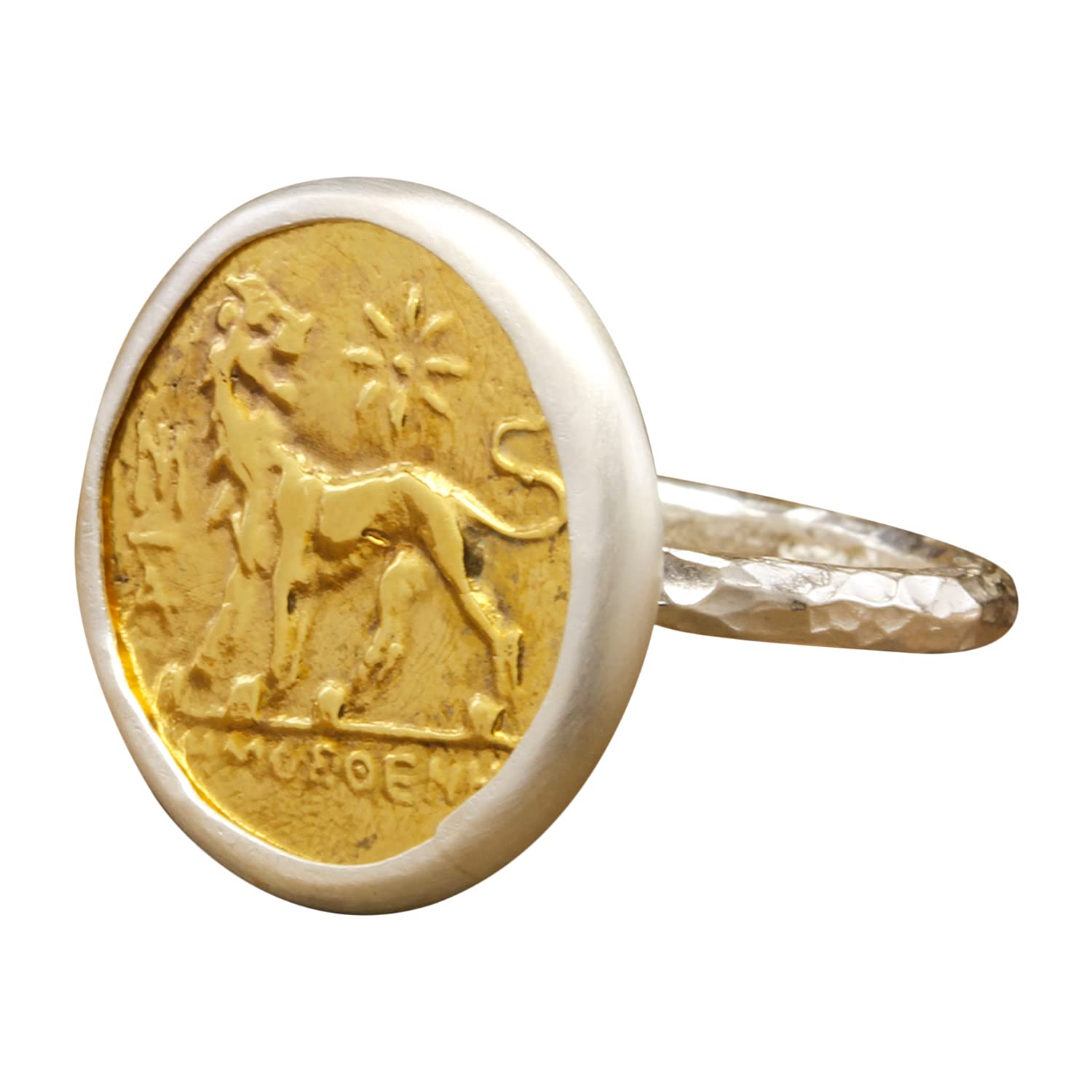 Caprixus 925 Sterling Silver Lion Coin Signet Ring for Women - 24K Gold Vermeil Two Tone Handmade Hammered Pinky Ring - Turkish Fine Jewelry for Everyday Wear & Special Occasions