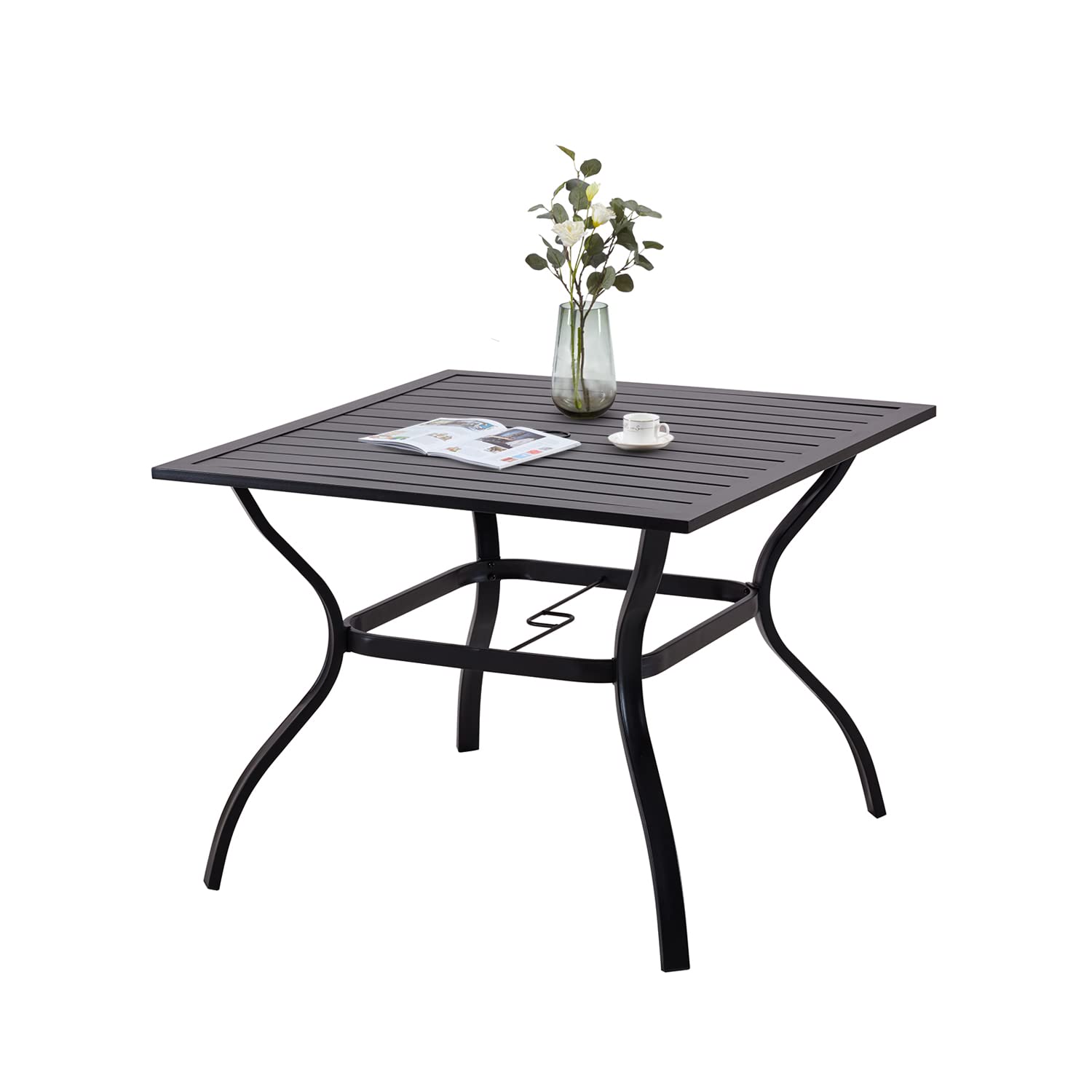 Outdoor Metal Dining Table with Umbrella Hole - 4-Person Square Patio Table Set, Black Weather-Resistant Backyard Furniture for Garden, Deck, Poolside Dining & Outdoor Entertaining
