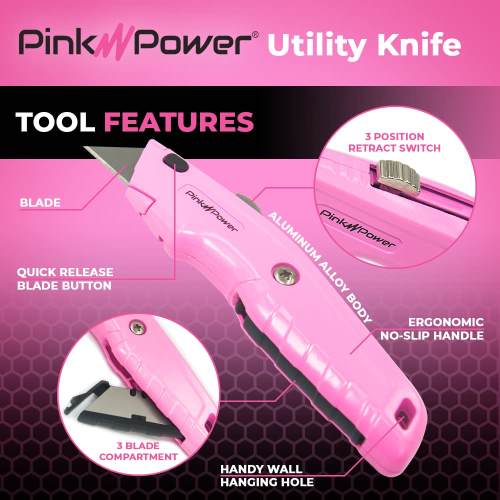 **Pink Retractable Utility Knife - Heavy Duty Box Cutter with 3 Blades & Storage Compartment - Carpet, Packaging & DIY Tool - Perfect for Women, Crafting & Home Use**