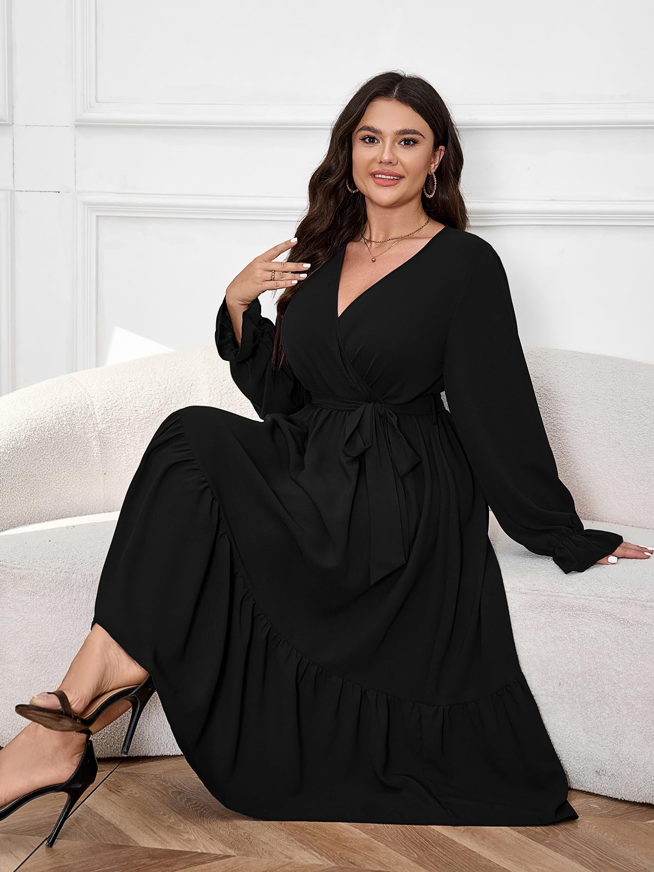 Elegant Plus Size Wedding Guest Dress for Women - Long Sleeve Wrap V-Neck Belted A-Line Maxi Dress with Ruffle Hem | Perfect for Cocktail Parties, Formal Events & Special Occasions