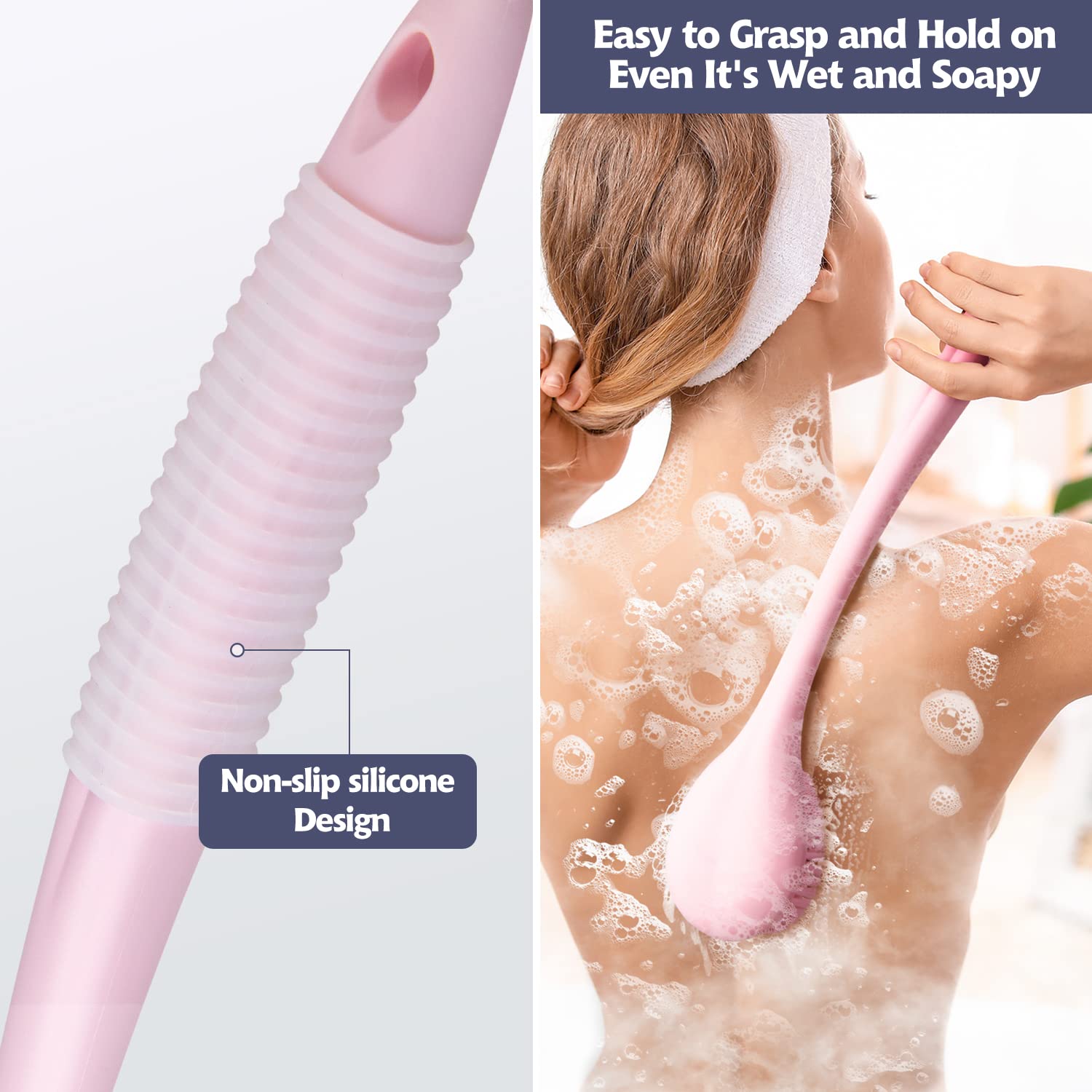BEDELITE Long Handle Back Brush - Soft Exfoliating Shower Brush for Men & Women, Pink - Perfect for Deep Cleaning & Skin Care