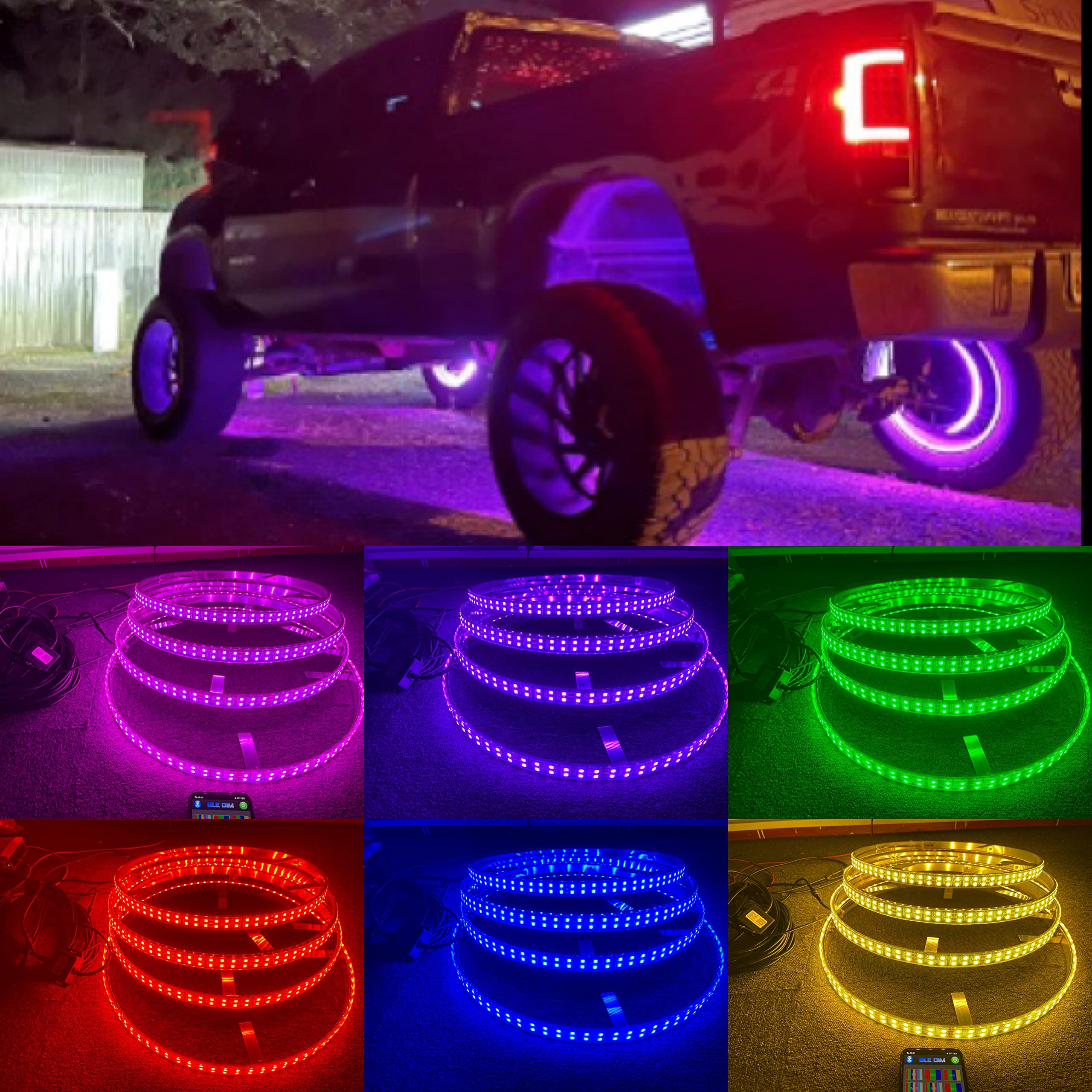 4PCS 17.5'' RGB LED Wheel Lights with Braking Function - Bluetooth App Control, Million Colors, Double Row Design for Trucks & Offroad Vehicles | Perfect for Night Rides, Car Shows & Offroad Adventures