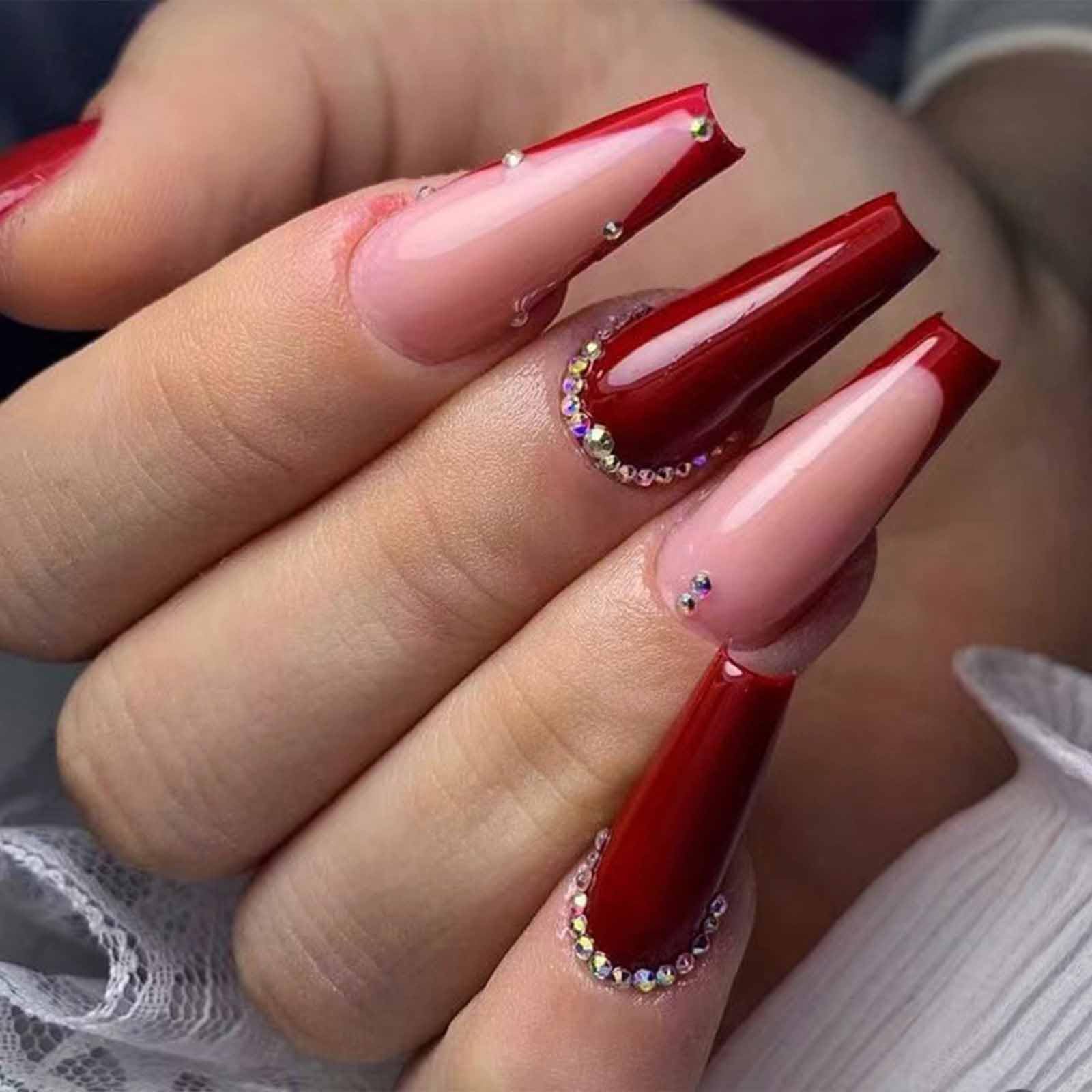 IMSOHOT 24 Pcs Coffin Long Press on Nails - Red French Tip Fake Nails with Rhinestone Designs, Full Cover Glue on Acrylic Ballerina Nails Kit for Women | Perfect for Parties, Weddings & Special Occasions