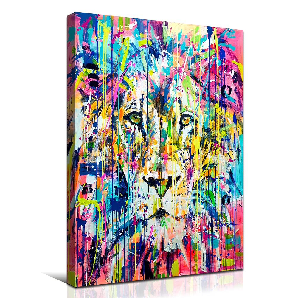 GUBIYU Abstract Lion Canvas Wall Art - Colorful Animal Graffiti Painting for Modern Home Decor, 24x36 Inch, Perfect for Kids' Room & Street Art Style Interior Design