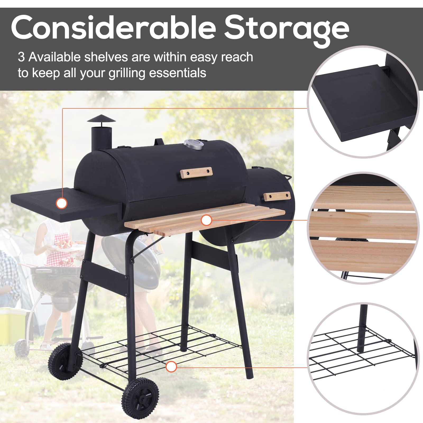 Outsunny 48 Inch Portable Charcoal BBQ Grill with Wheels - 232 Sq In Steel Outdoor Smoker Grill with Storage Shelf - Ideal for Backyard, Camping, Picnic & Tailgating - Black