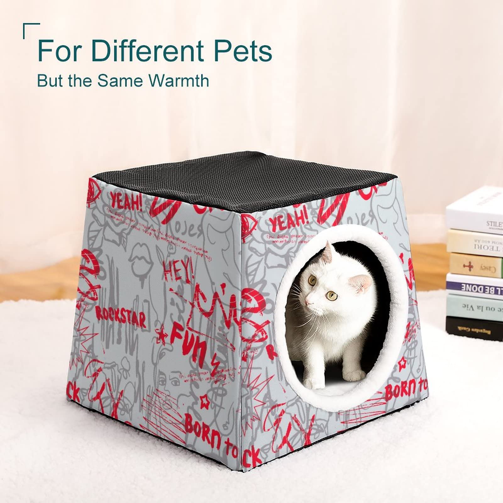 Printed Cat Cube Kitty House - Indoor Cat Bed & Small Dog Shelter - Warm & Cozy Pet Sofa for Female Cats - Perfect for Home, Apartment & Office Use