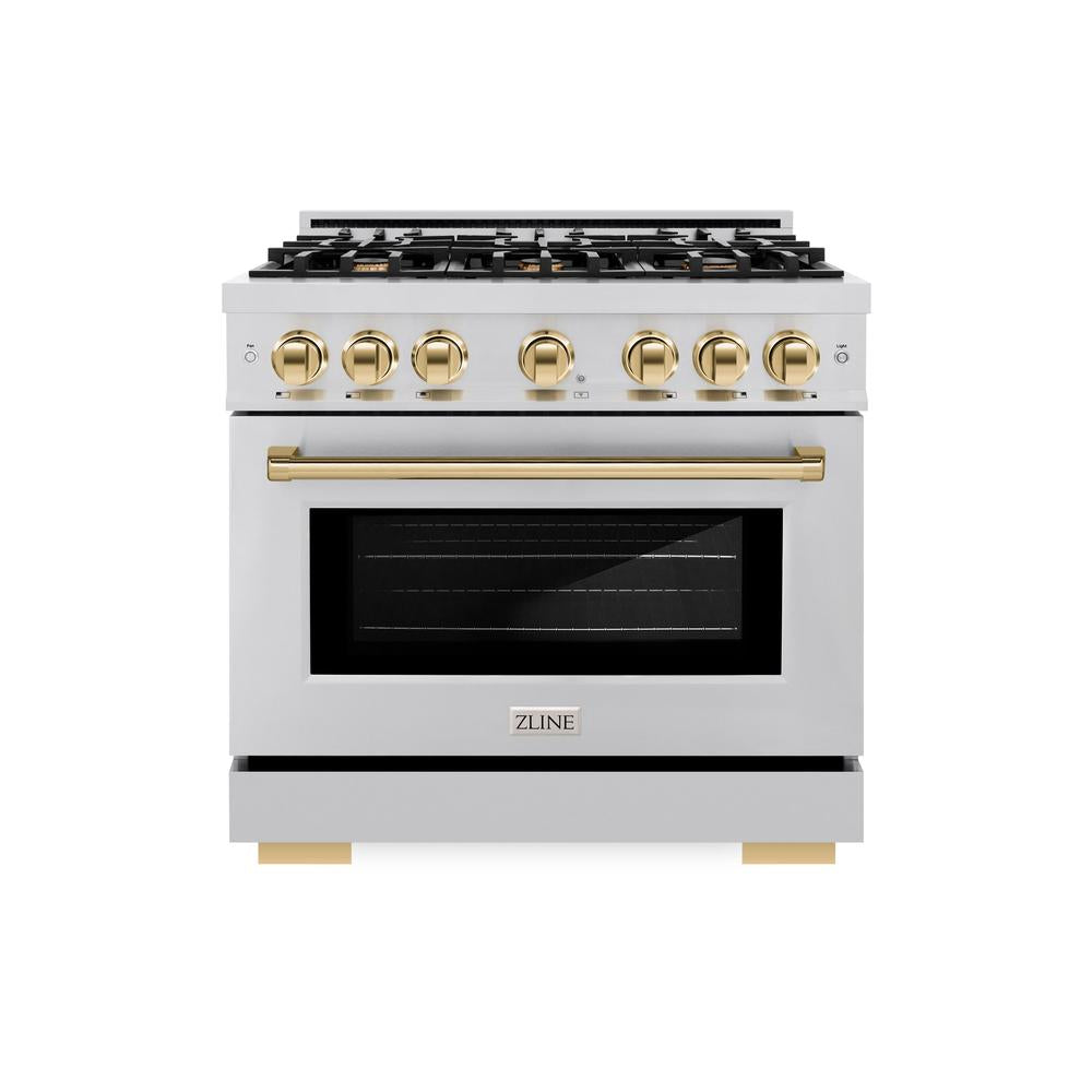 ZLINE Autograph Edition 36 Inch 5.2 Cu. Ft. Select Gas Range with 6 Burner Cooktop & Convection Gas Oven - Stainless Steel with Polished Gold Accents (HGRZ 36 G) | Professional Kitchen Appliance for Home Chefs & Cooking Enthusiasts