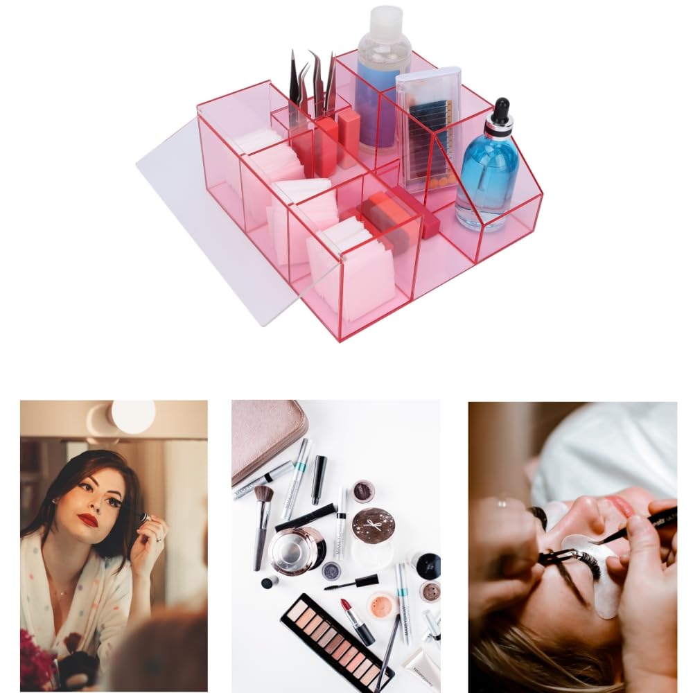 Acrylic Eyelash Extension Organizer with Tweezers Holder - Transparent Pink Beauty Tool Storage Box for Lash Artists & Home Salons | Perfect for Professional Lash Techs & DIY Beauty Enthusiasts