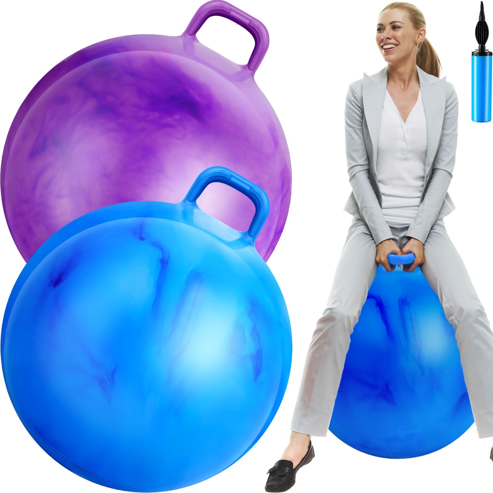 Lewtemi 2 Pack 29 Inch Exercise Hopper Balls with Handles - Bouncy Jumping Balls for Adults, Kids Outdoor Sports & Fitness Workout - Includes Air Pump (Gradient Purple & Blue) - Perfect for Backyard Games, Gym Training & Family Fun Activities