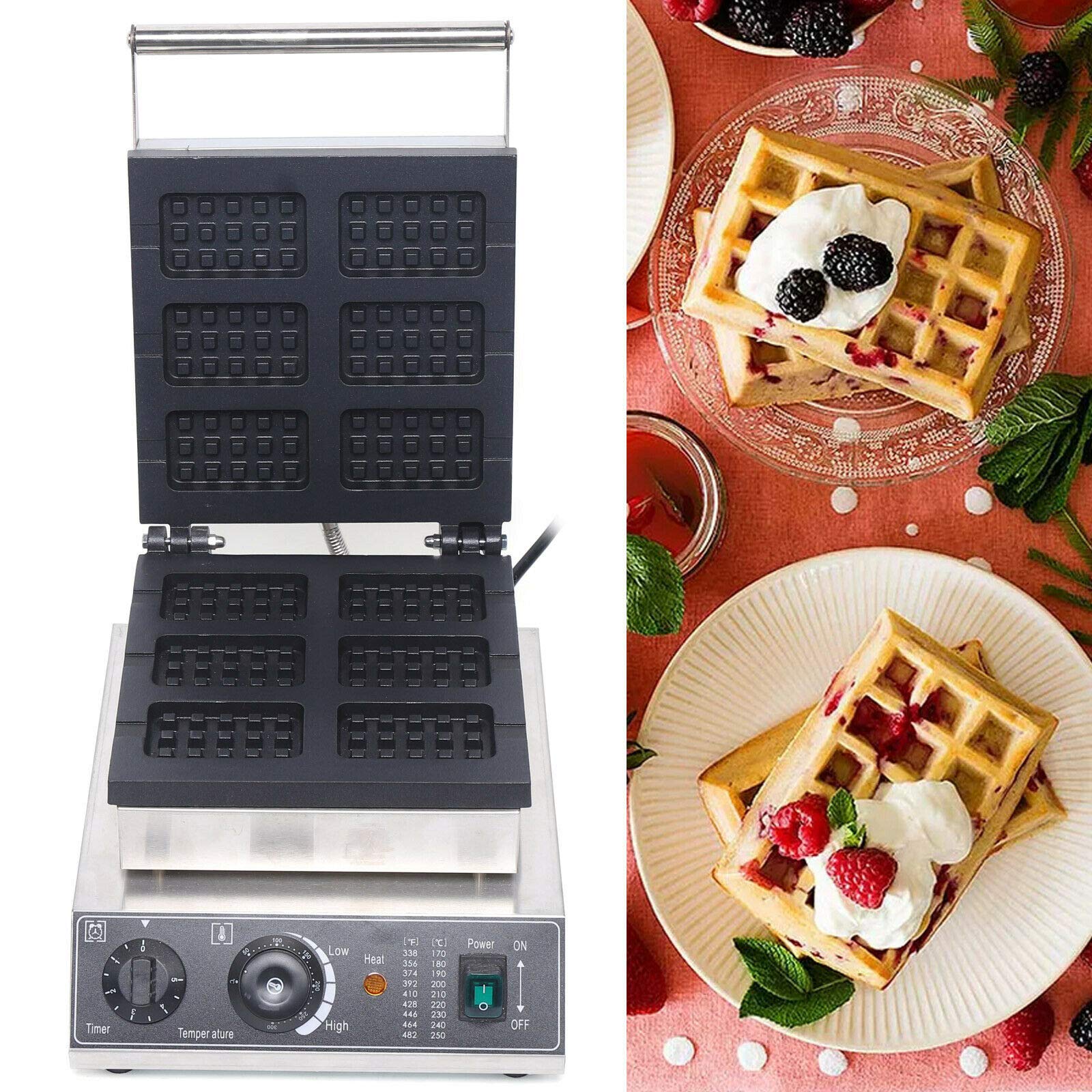 Commercial Waffle Maker Machine - Stainless Steel Non-Stick Belgian Waffle Iron with Temperature & Time Control - Perfect for Bakeries, Cafes, Restaurants & Home Use (6-Piece Set) - Make Crispy Waffles for Breakfast, Desserts or Snack Business