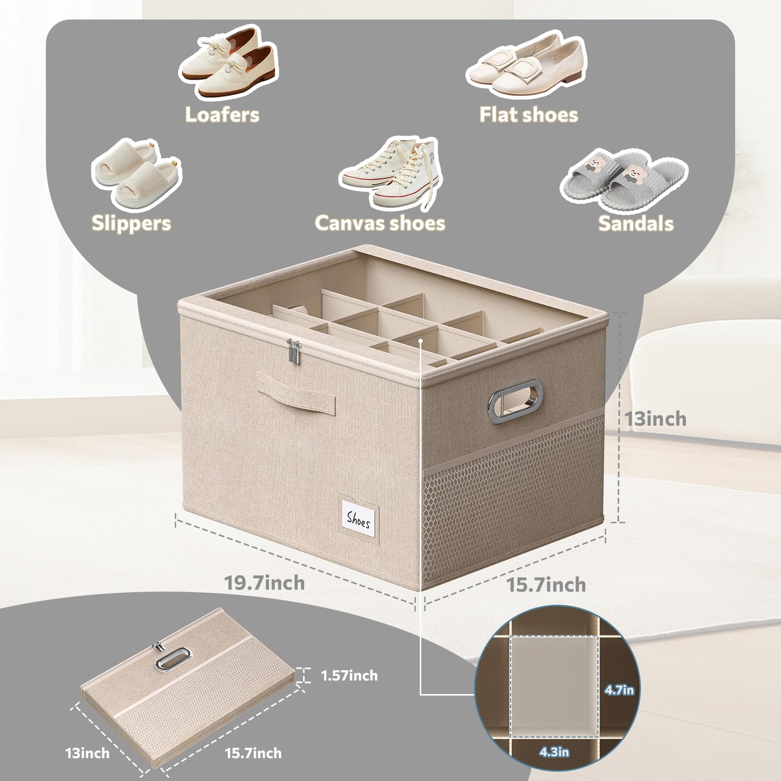 Clear Window Shoe Storage Box Organizer for Closet - Large Space Saving Shoe Bin with Foldable Bottom & Adjustable Dividers (Holds 16 Pairs) - Perfect for Bedroom, Entryway, and Dorm Organization